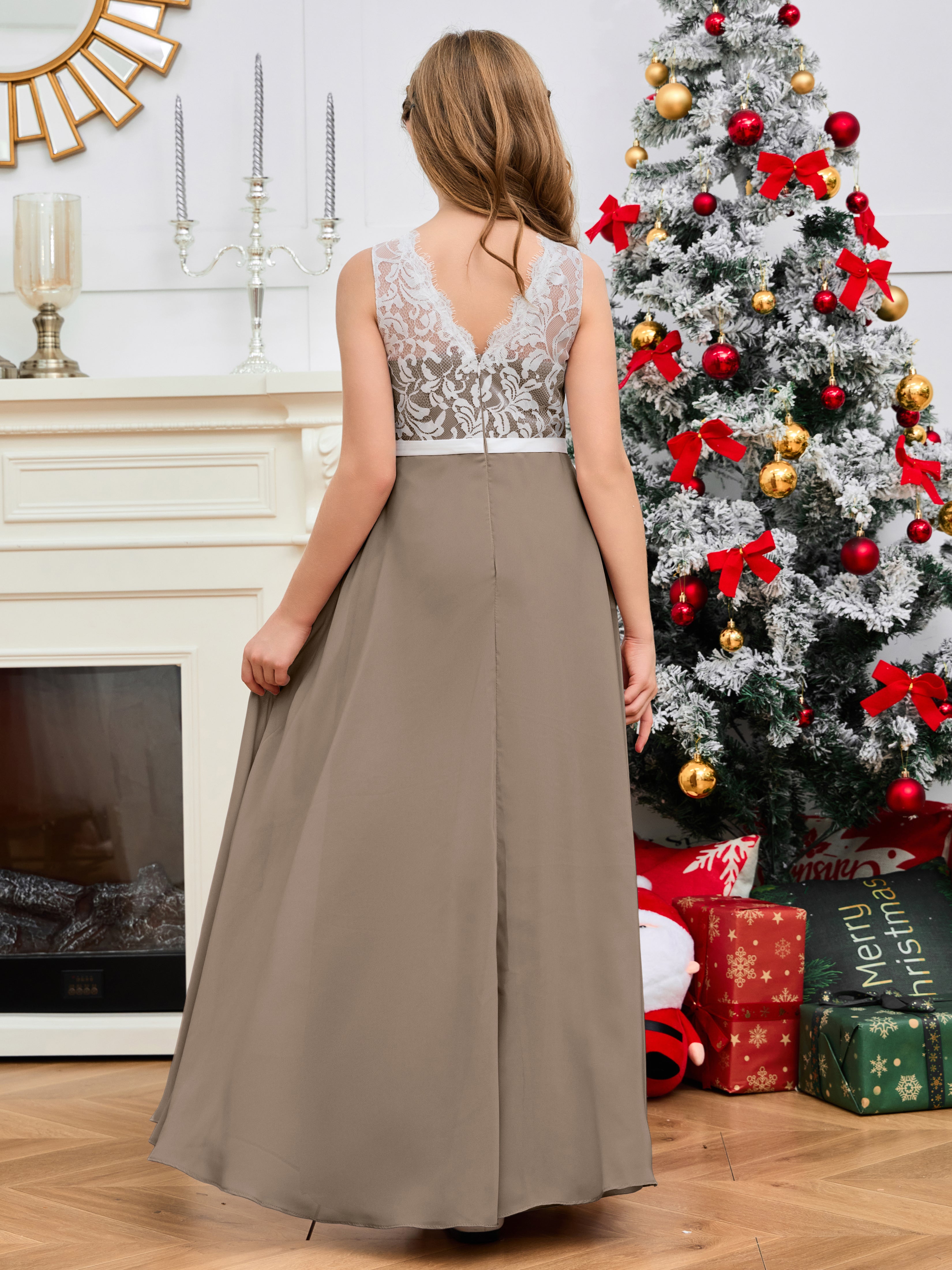 A Line V Back Chiffon Lace Junior Bridesmaid Dress