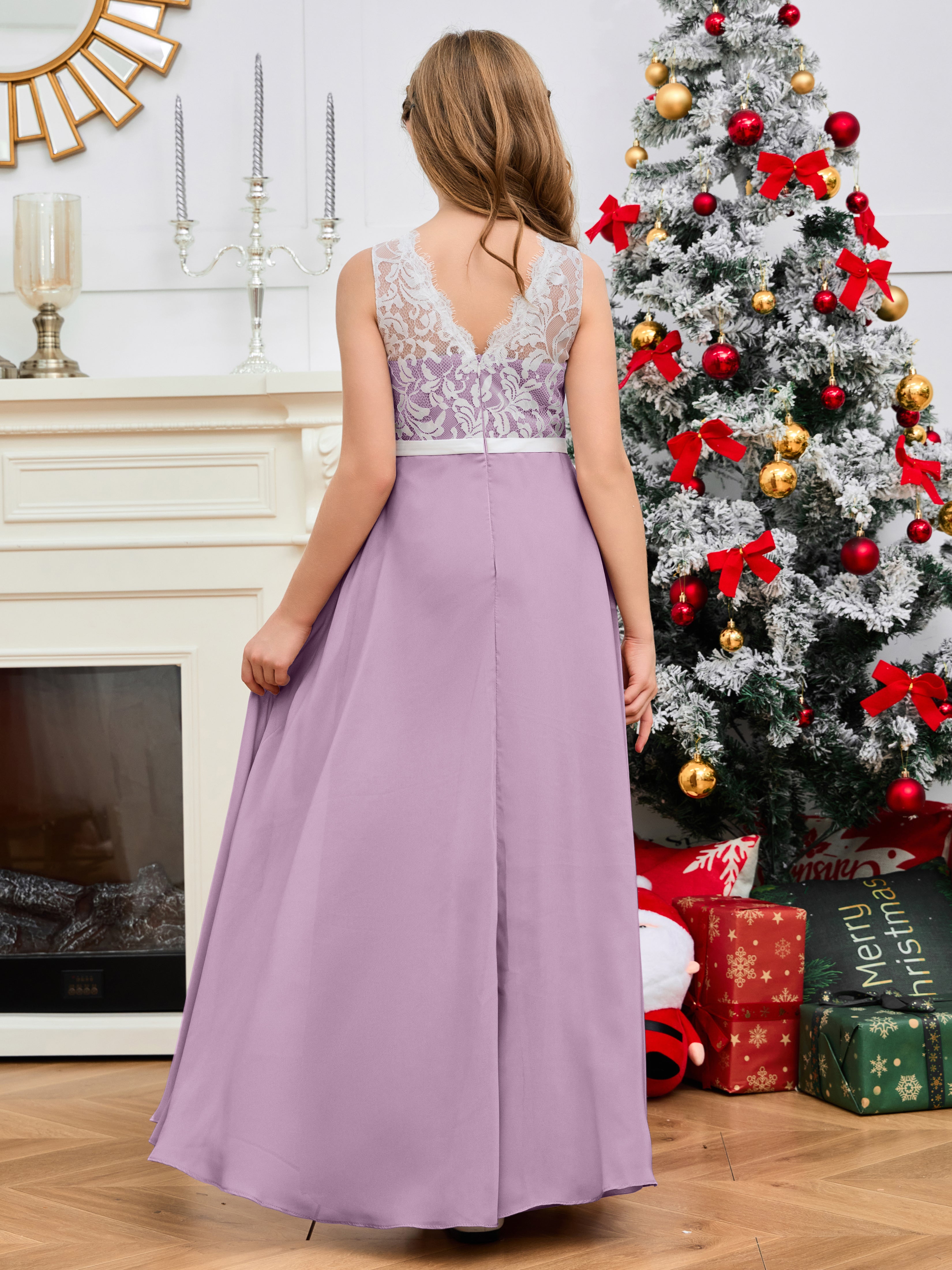 A Line V Back Chiffon Lace Junior Bridesmaid Dress