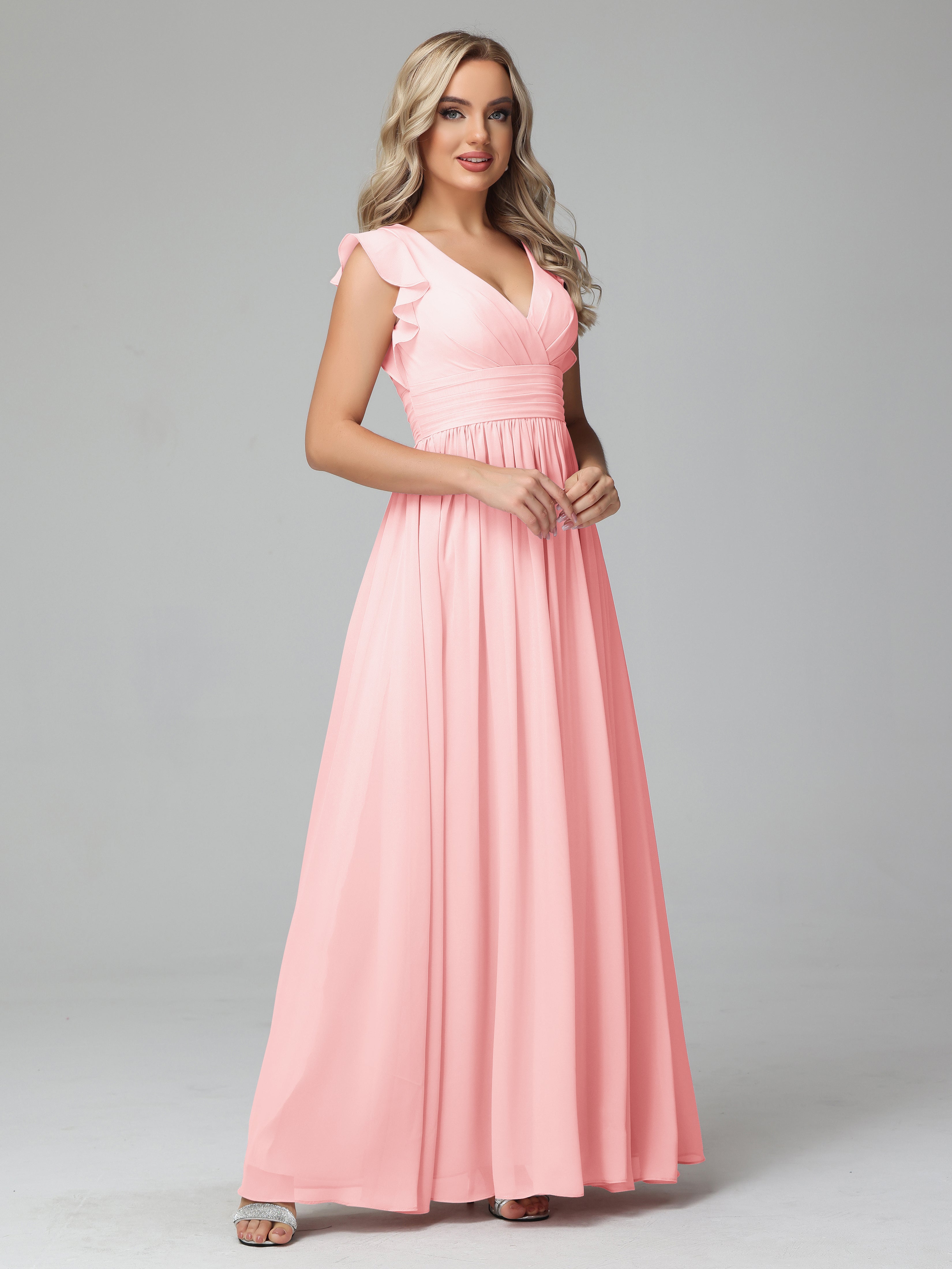 Bonnie V Neck Empire Chiffon Bridesmaid Dresses With Ruffle Sleeves