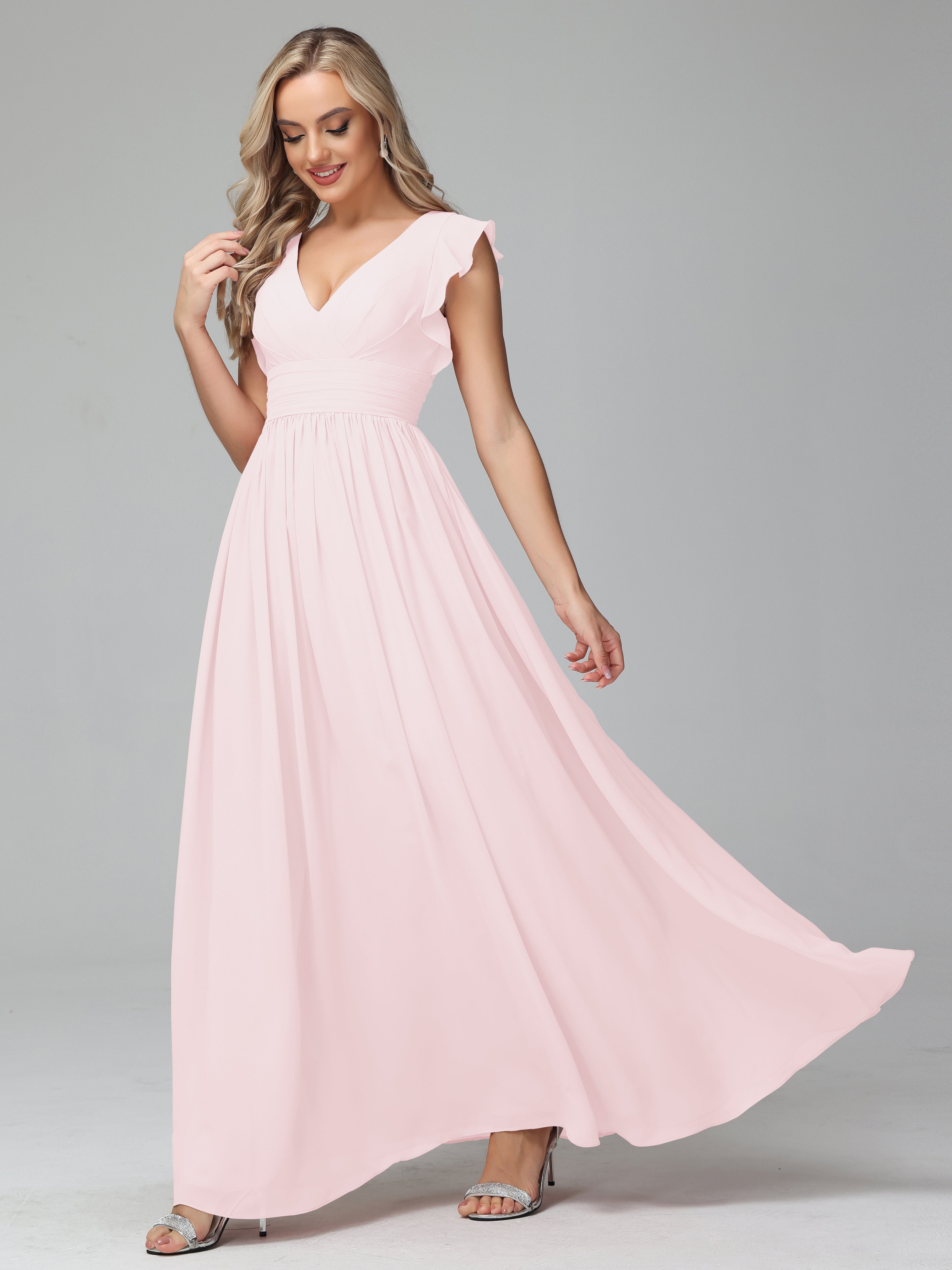 Bonnie V Neck Empire Chiffon Bridesmaid Dresses With Ruffle Sleeves