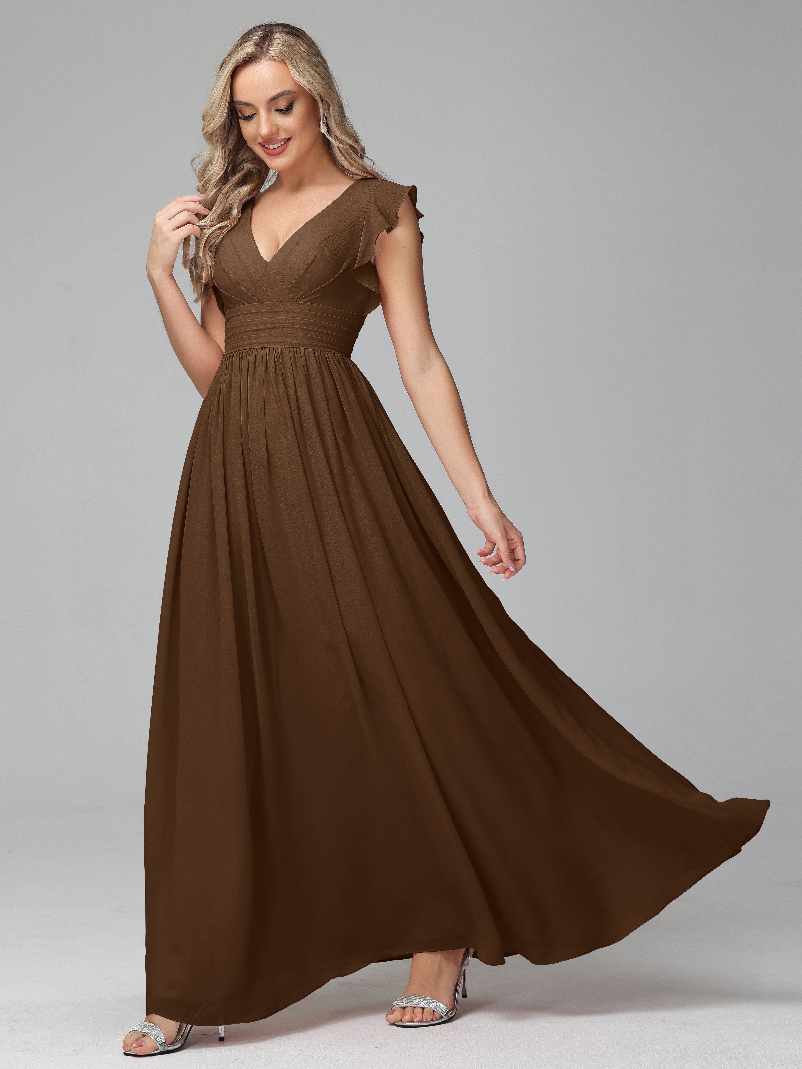 Bonnie V Neck Empire Chiffon Bridesmaid Dresses With Ruffle Sleeves