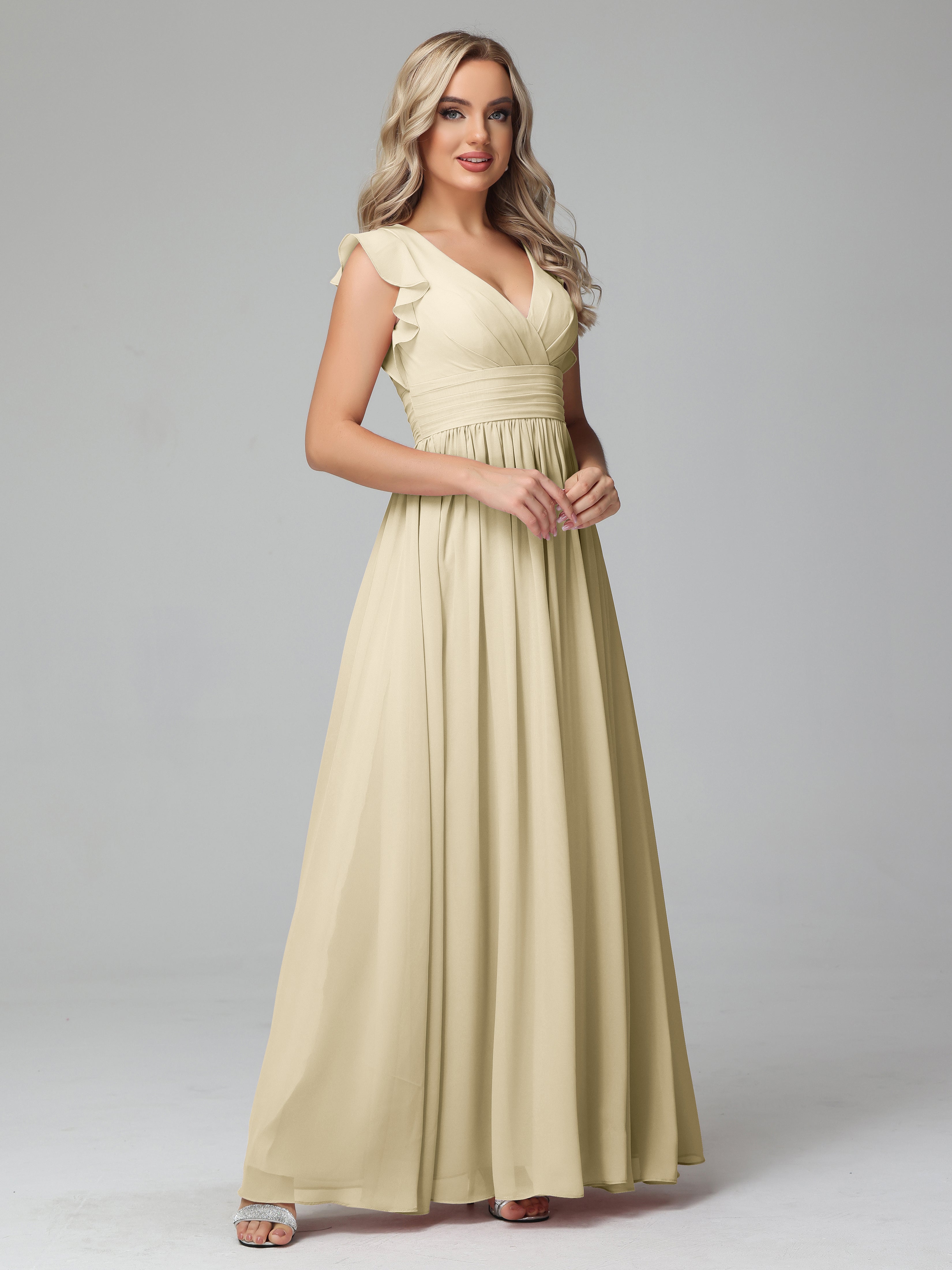 Bonnie V Neck Empire Chiffon Bridesmaid Dresses With Ruffle Sleeves