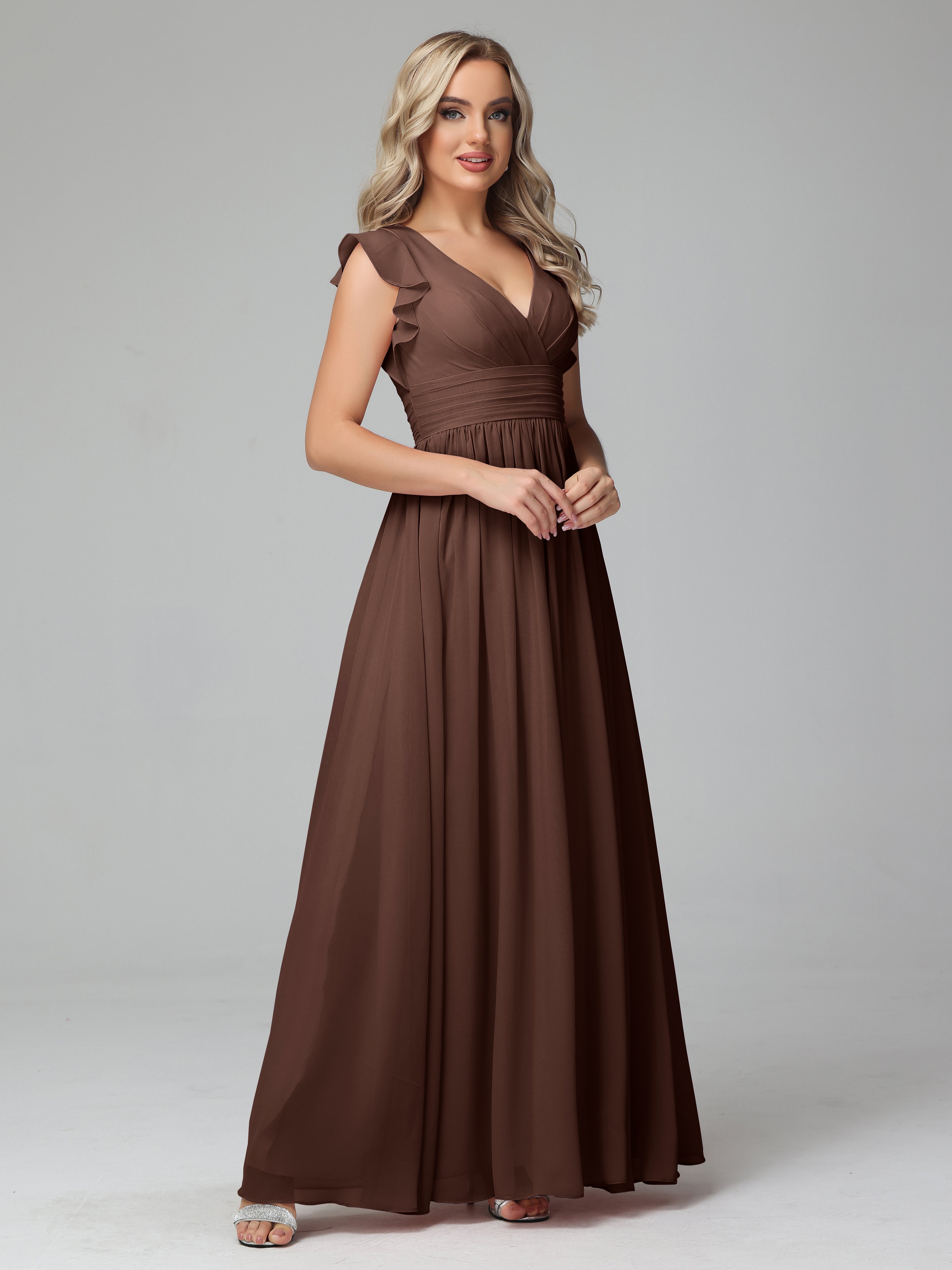 Bonnie V Neck Empire Chiffon Bridesmaid Dresses With Ruffle Sleeves