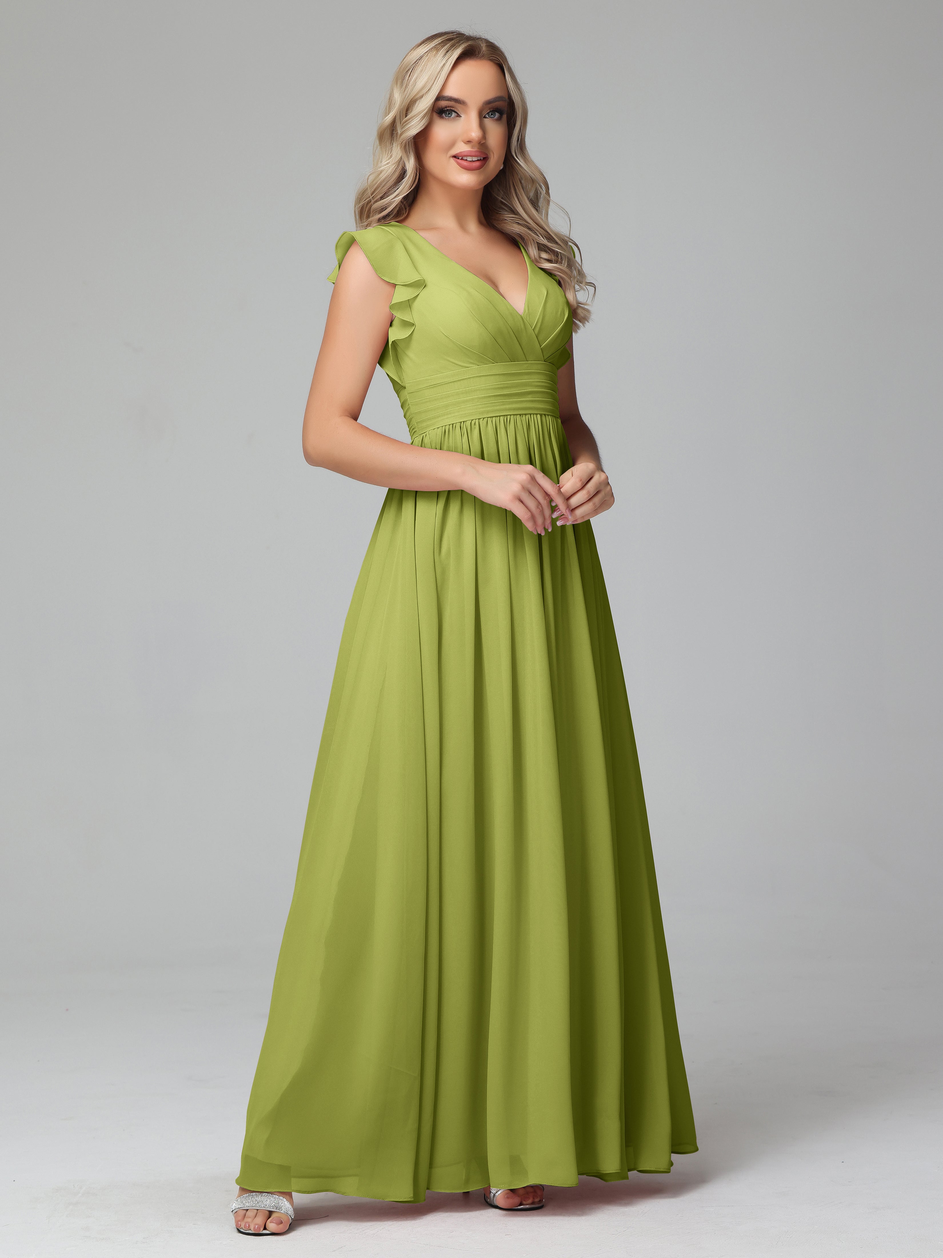 Bonnie V Neck Empire Chiffon Bridesmaid Dresses With Ruffle Sleeves