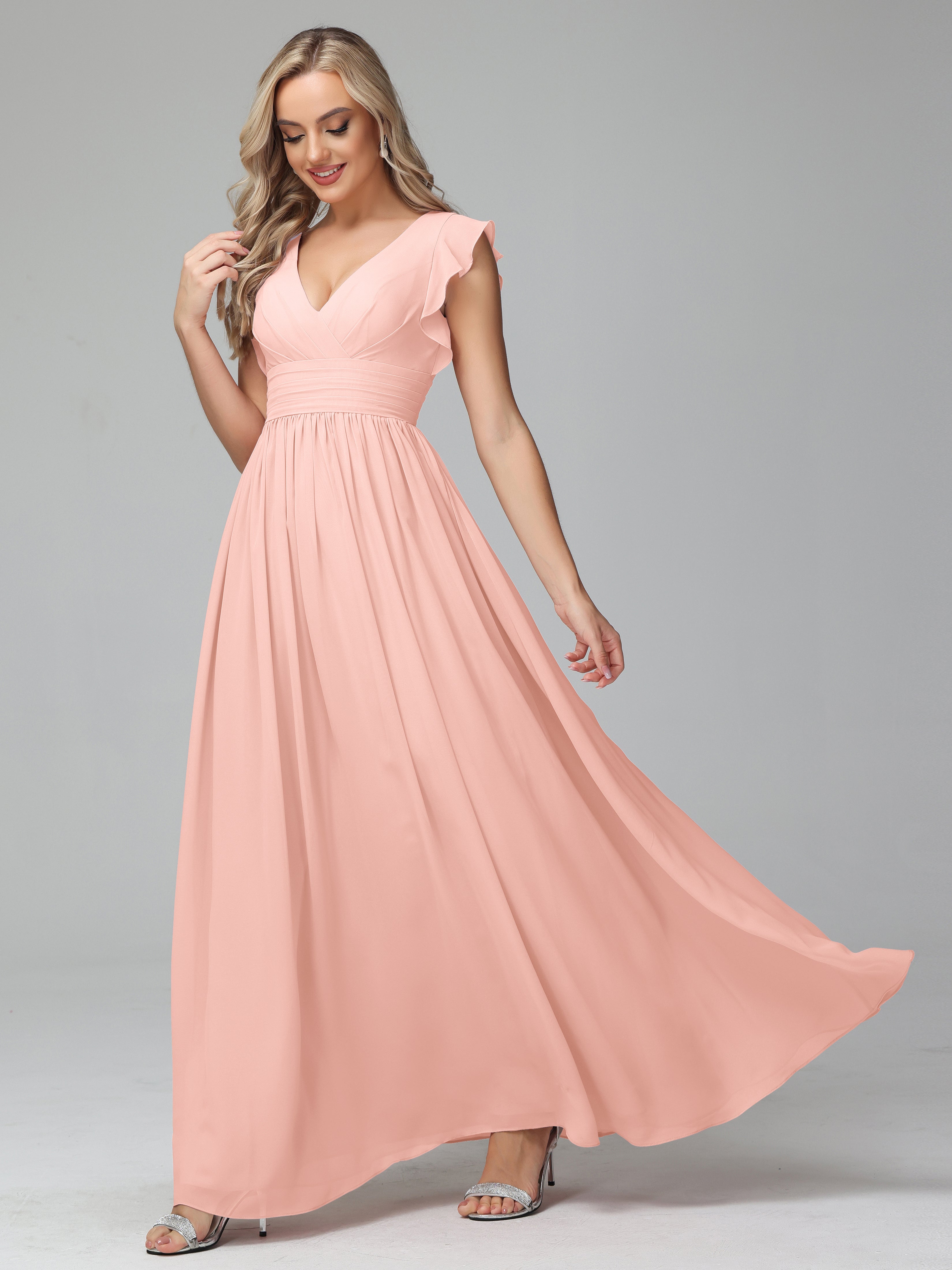 Bonnie V Neck Empire Chiffon Bridesmaid Dresses With Ruffle Sleeves