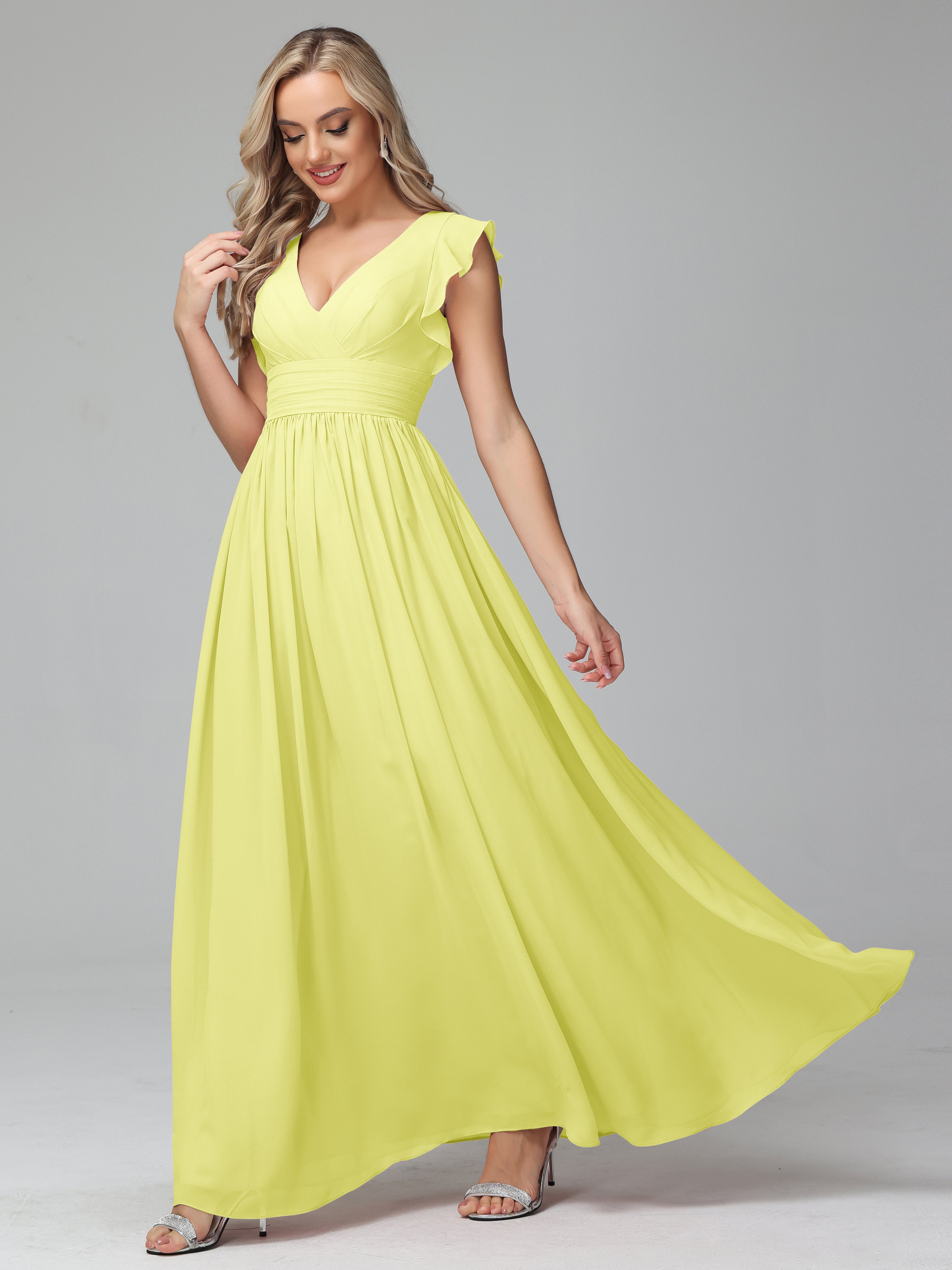 Bonnie V Neck Empire Chiffon Bridesmaid Dresses With Ruffle Sleeves