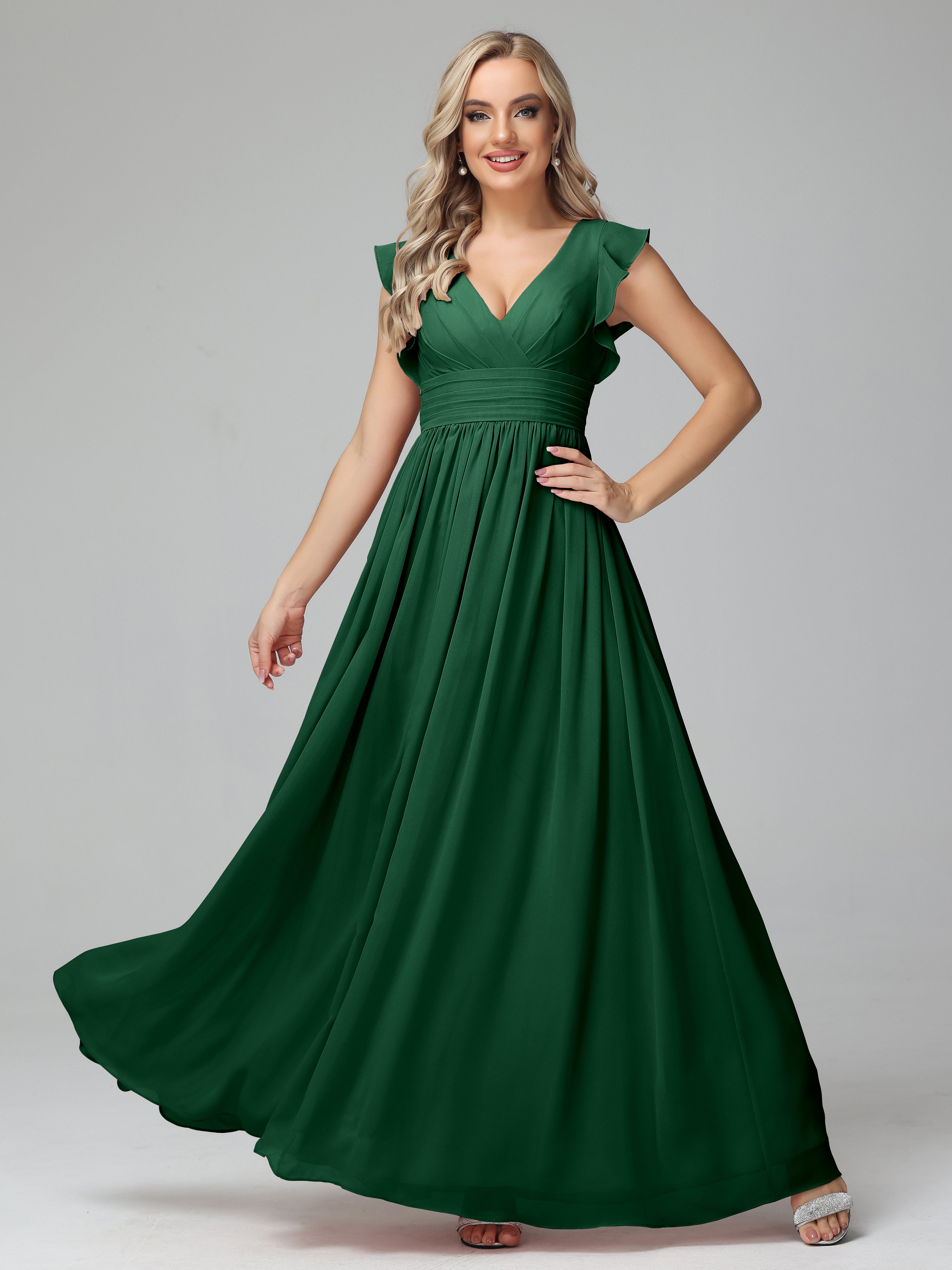 Bonnie V Neck Empire Chiffon Bridesmaid Dresses with Ruffle Sleeves Green