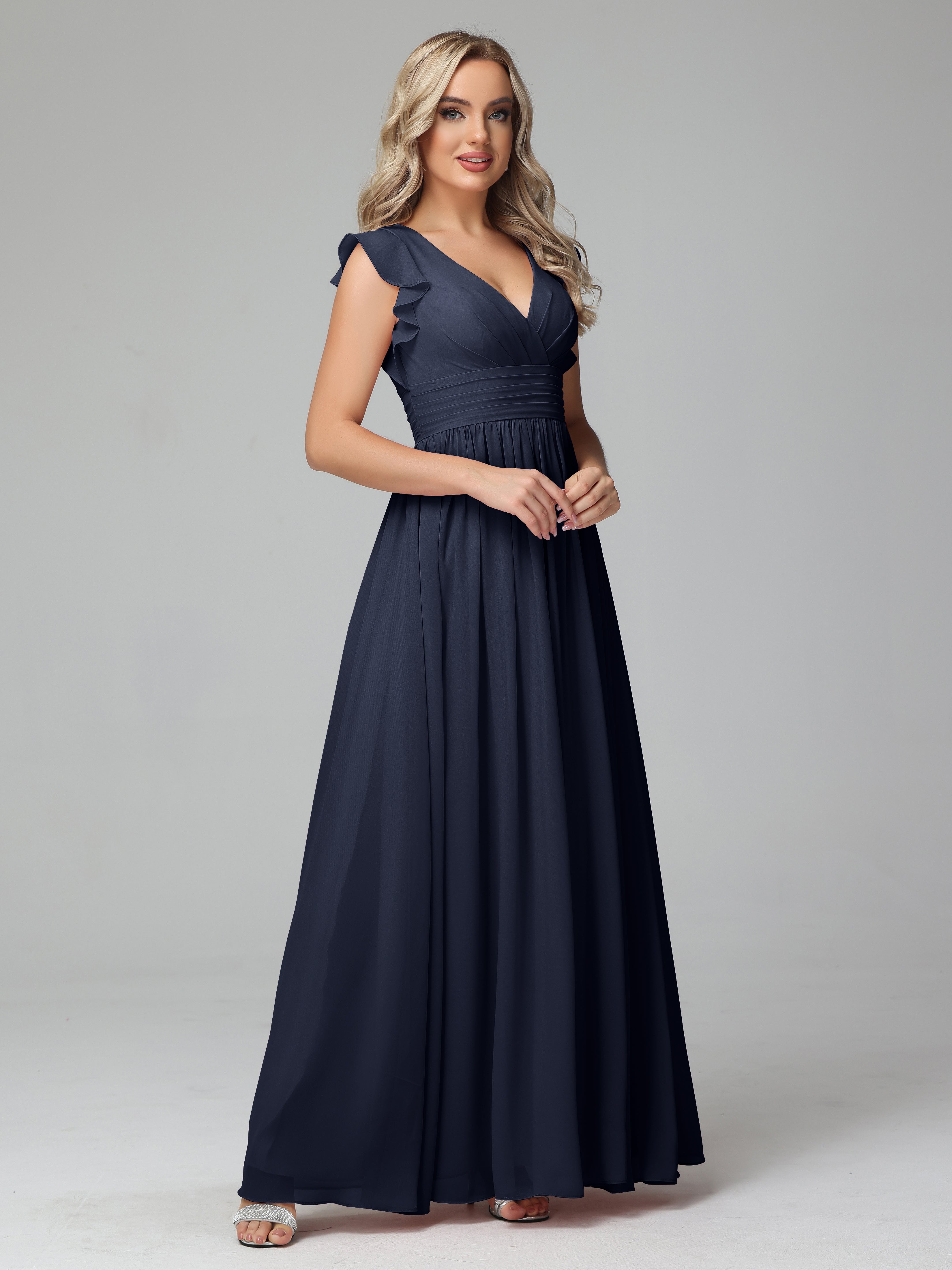 Bonnie V Neck Empire Chiffon Bridesmaid Dresses With Ruffle Sleeves