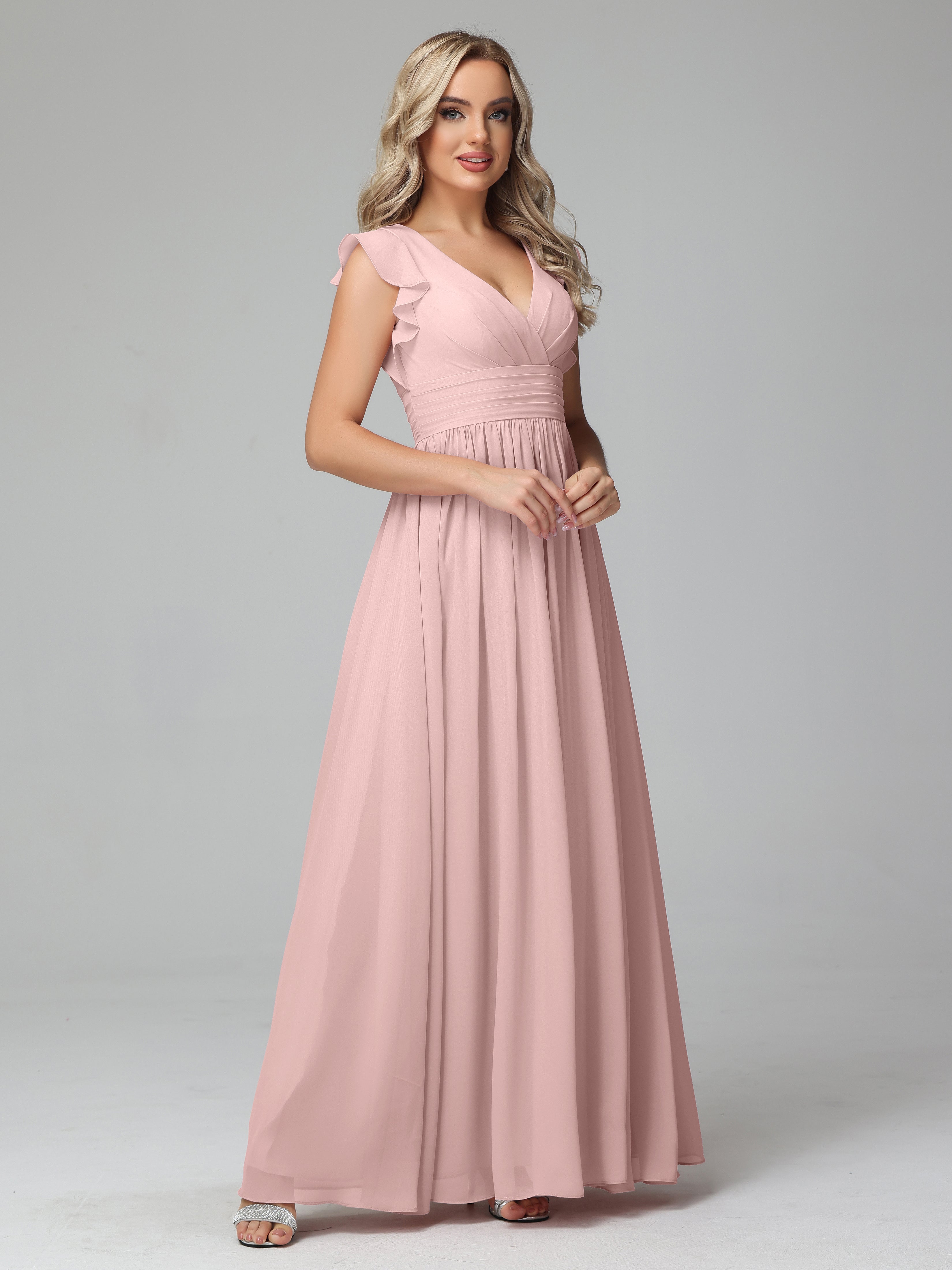 Bonnie V Neck Empire Chiffon Bridesmaid Dresses With Ruffle Sleeves