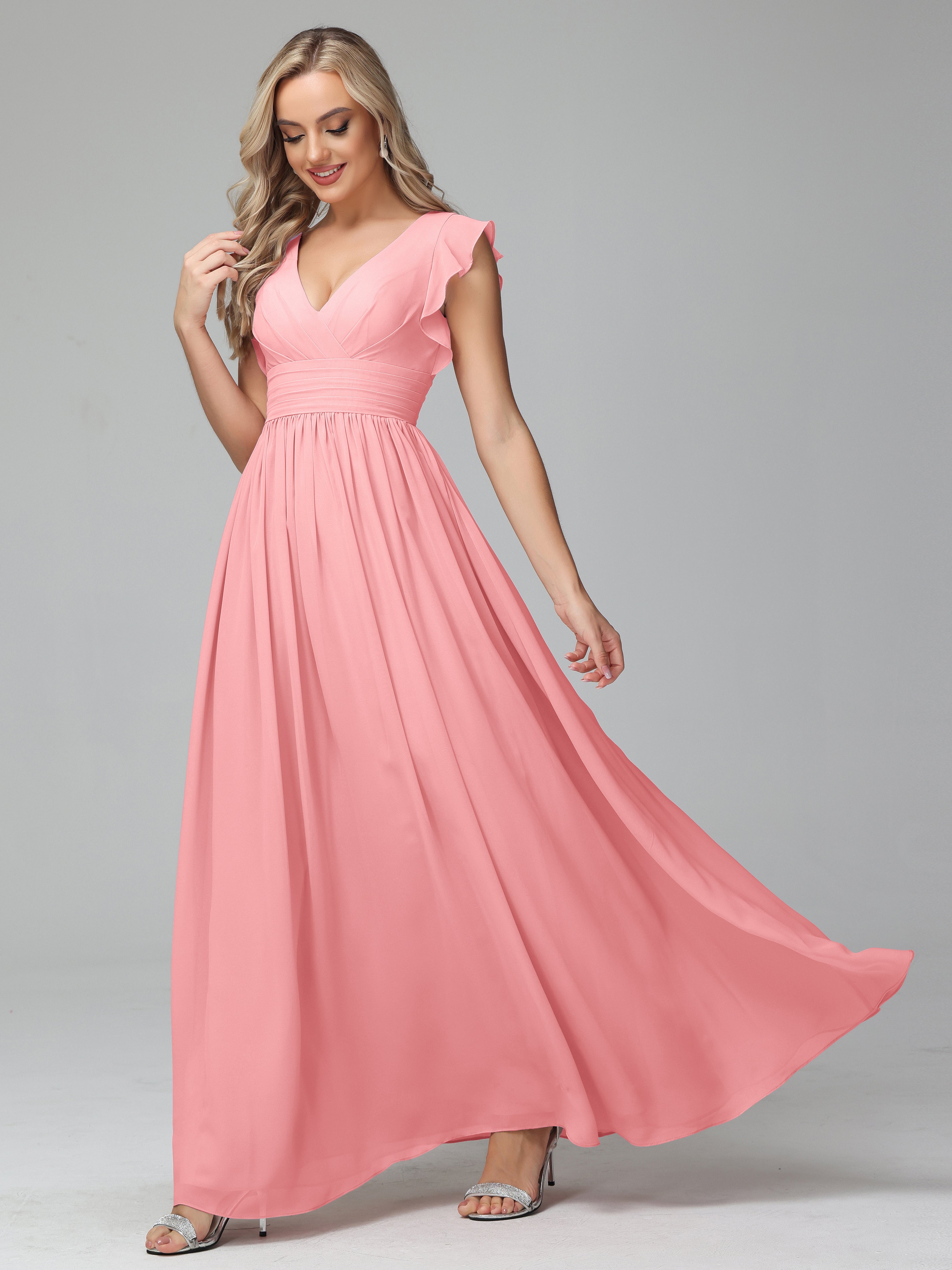 Bonnie V Neck Empire Chiffon Bridesmaid Dresses With Ruffle Sleeves