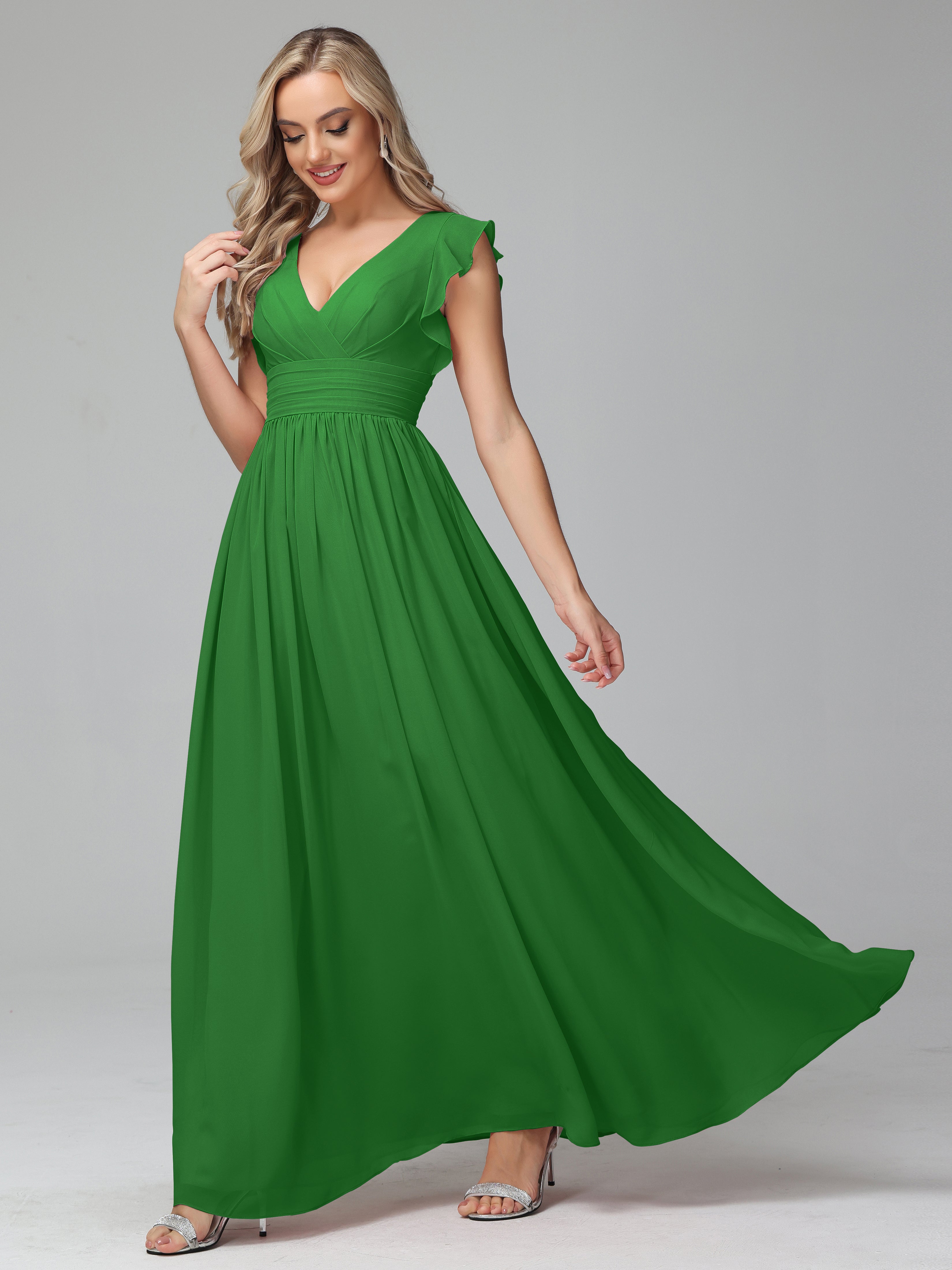 Bonnie V Neck Empire Chiffon Bridesmaid Dresses With Ruffle Sleeves