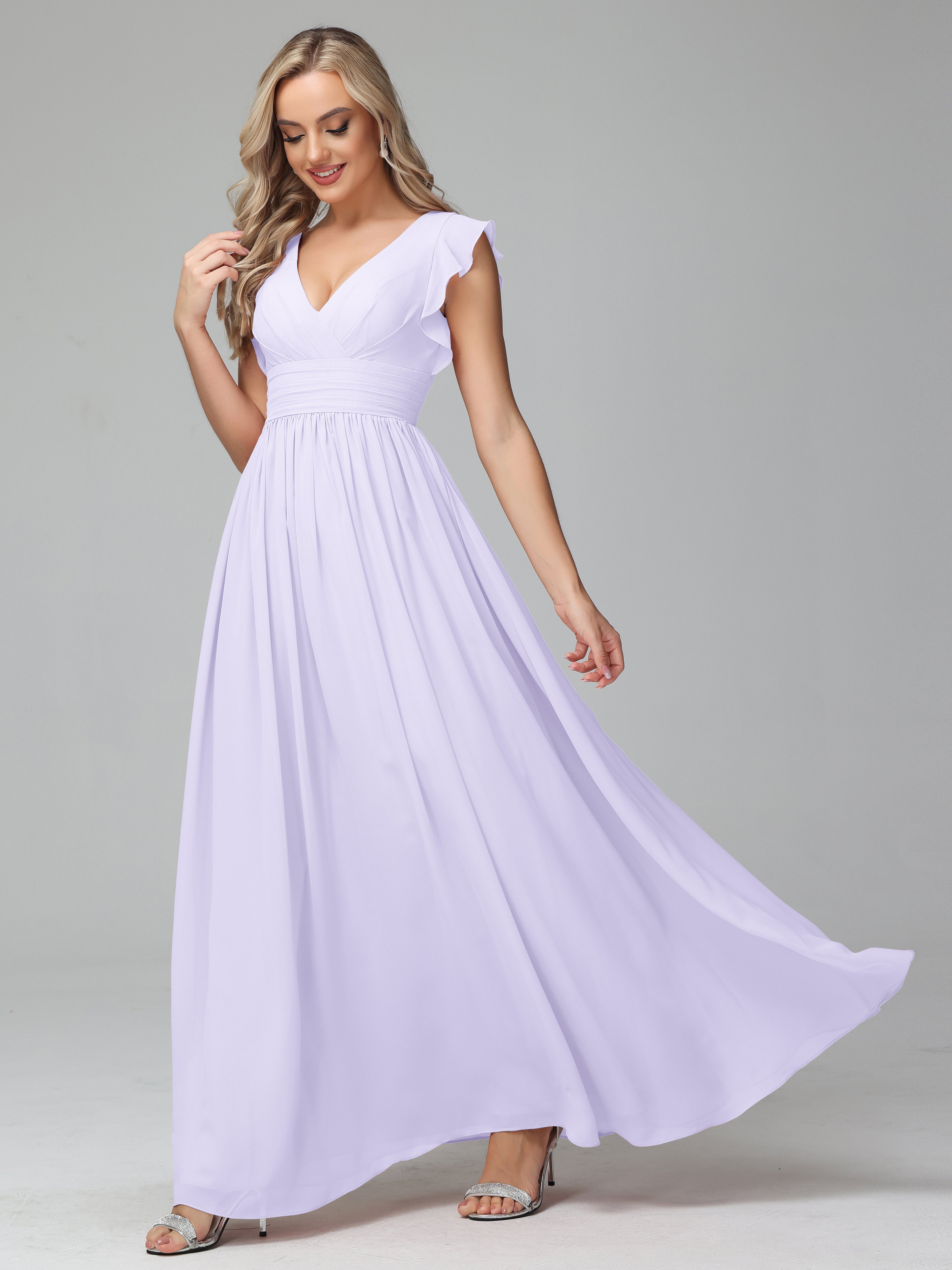 Bonnie V Neck Empire Chiffon Bridesmaid Dresses With Ruffle Sleeves