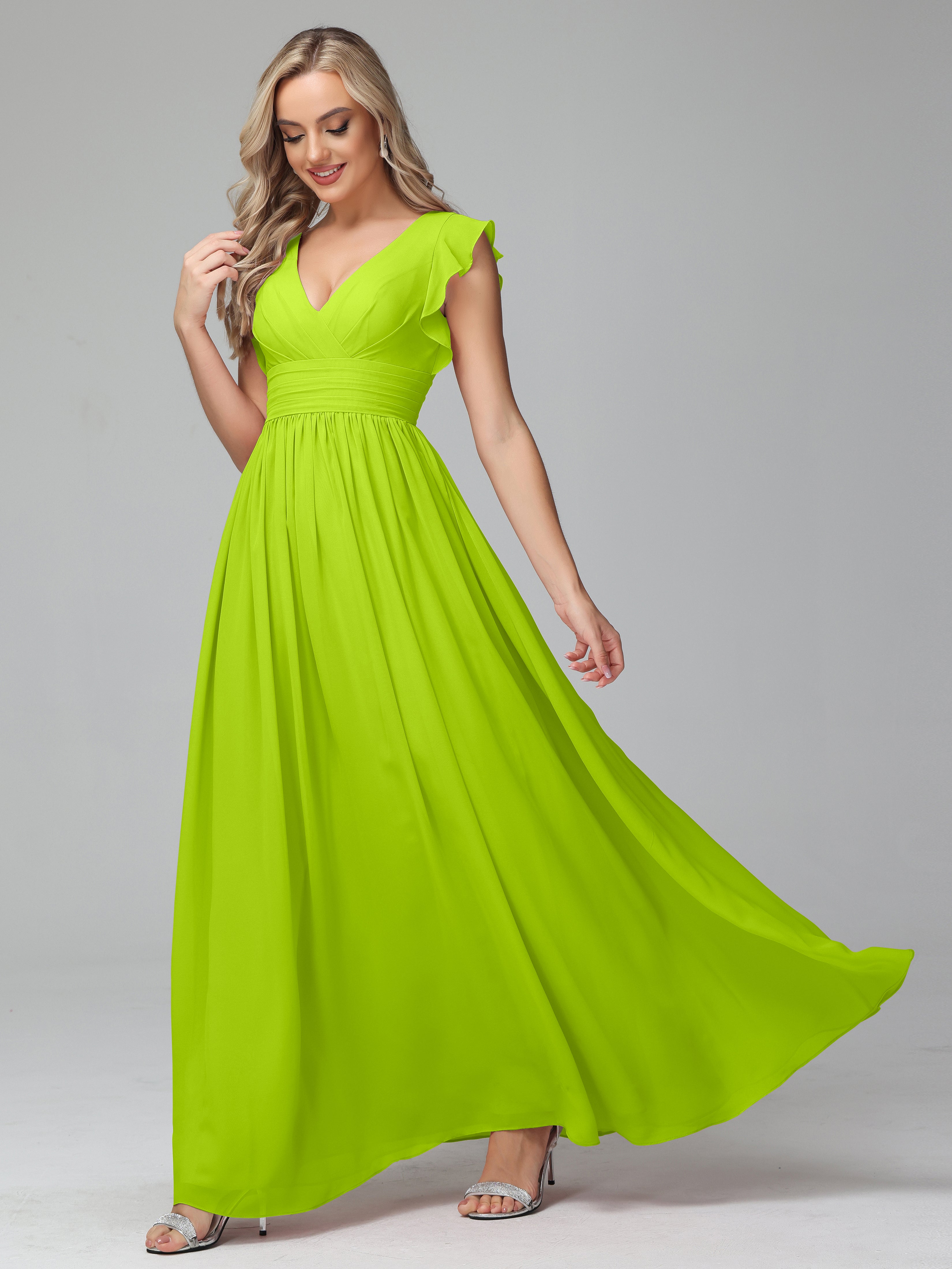 Bonnie V Neck Empire Chiffon Bridesmaid Dresses With Ruffle Sleeves