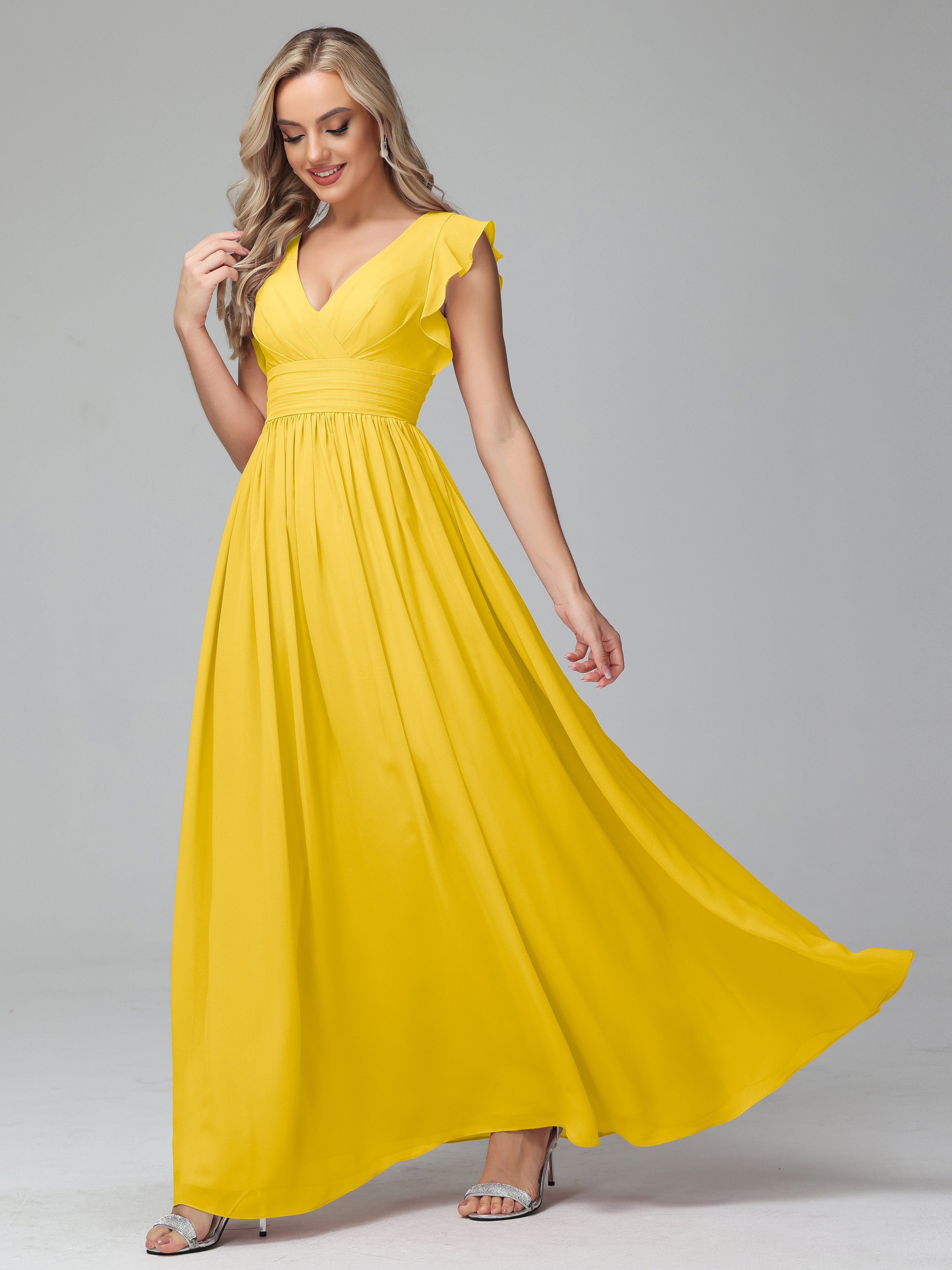 Bonnie V Neck Empire Chiffon Bridesmaid Dresses With Ruffle Sleeves