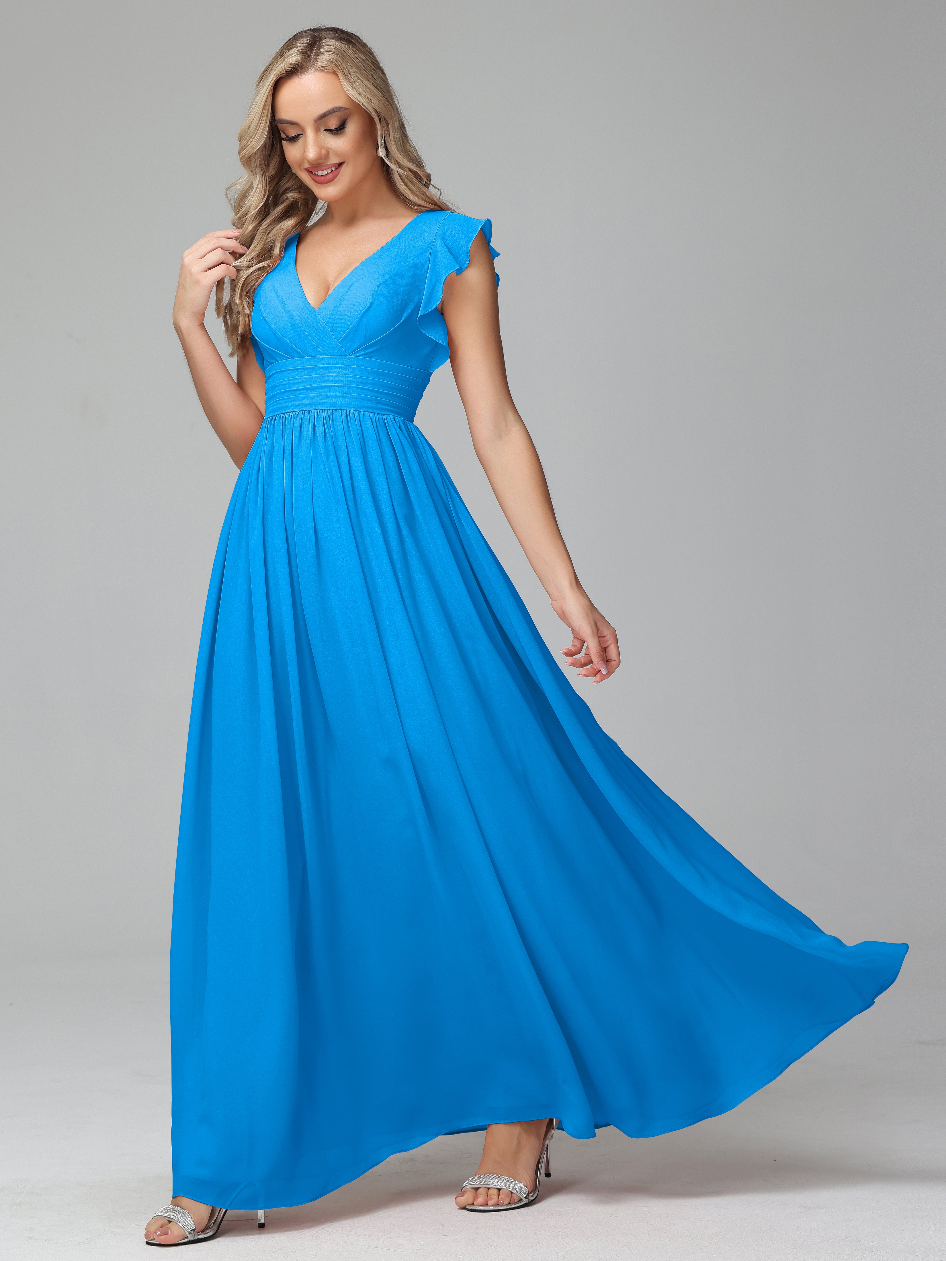 Bonnie V Neck Empire Chiffon Bridesmaid Dresses With Ruffle Sleeves