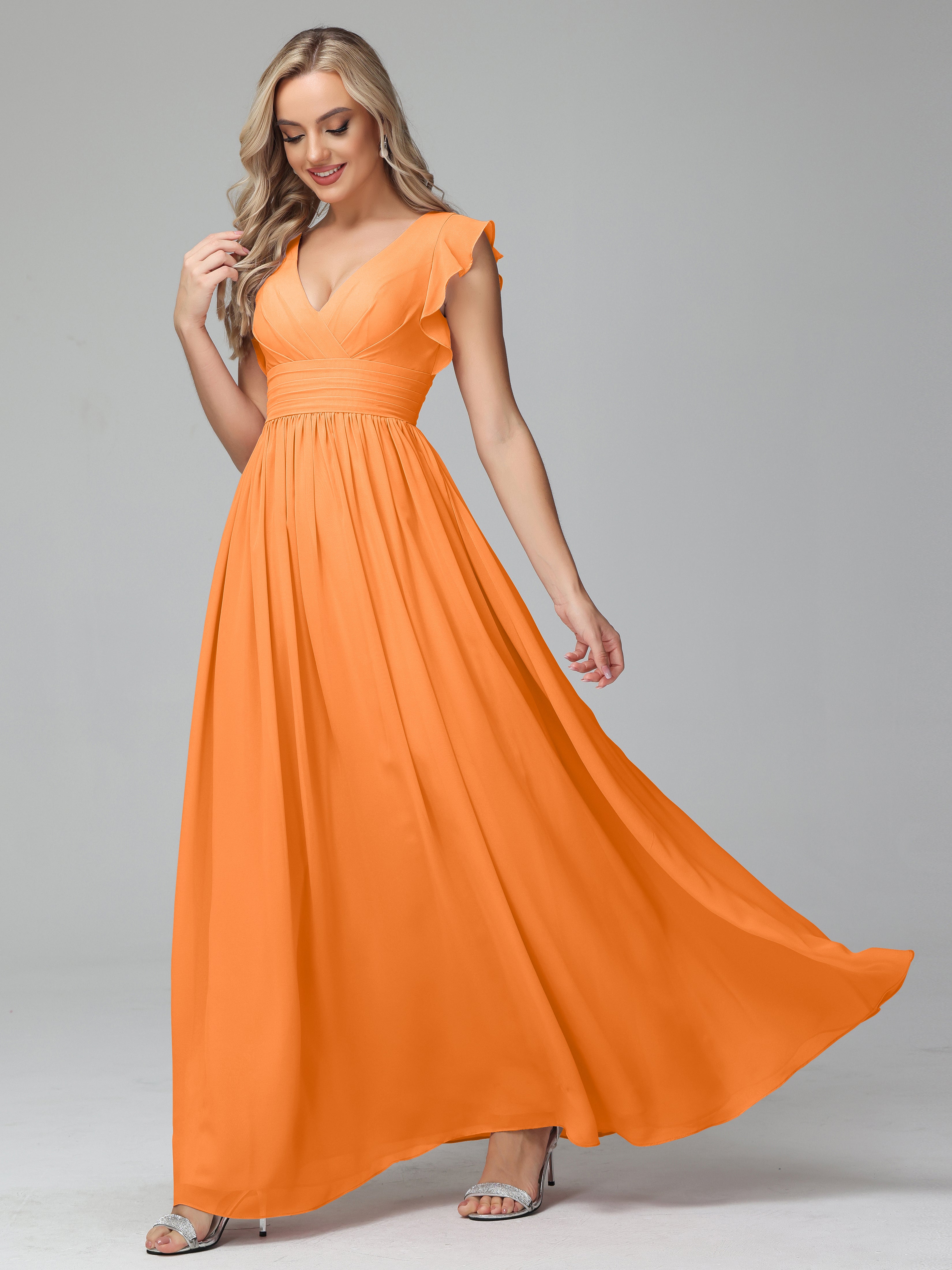 Bonnie V Neck Empire Chiffon Bridesmaid Dresses With Ruffle Sleeves