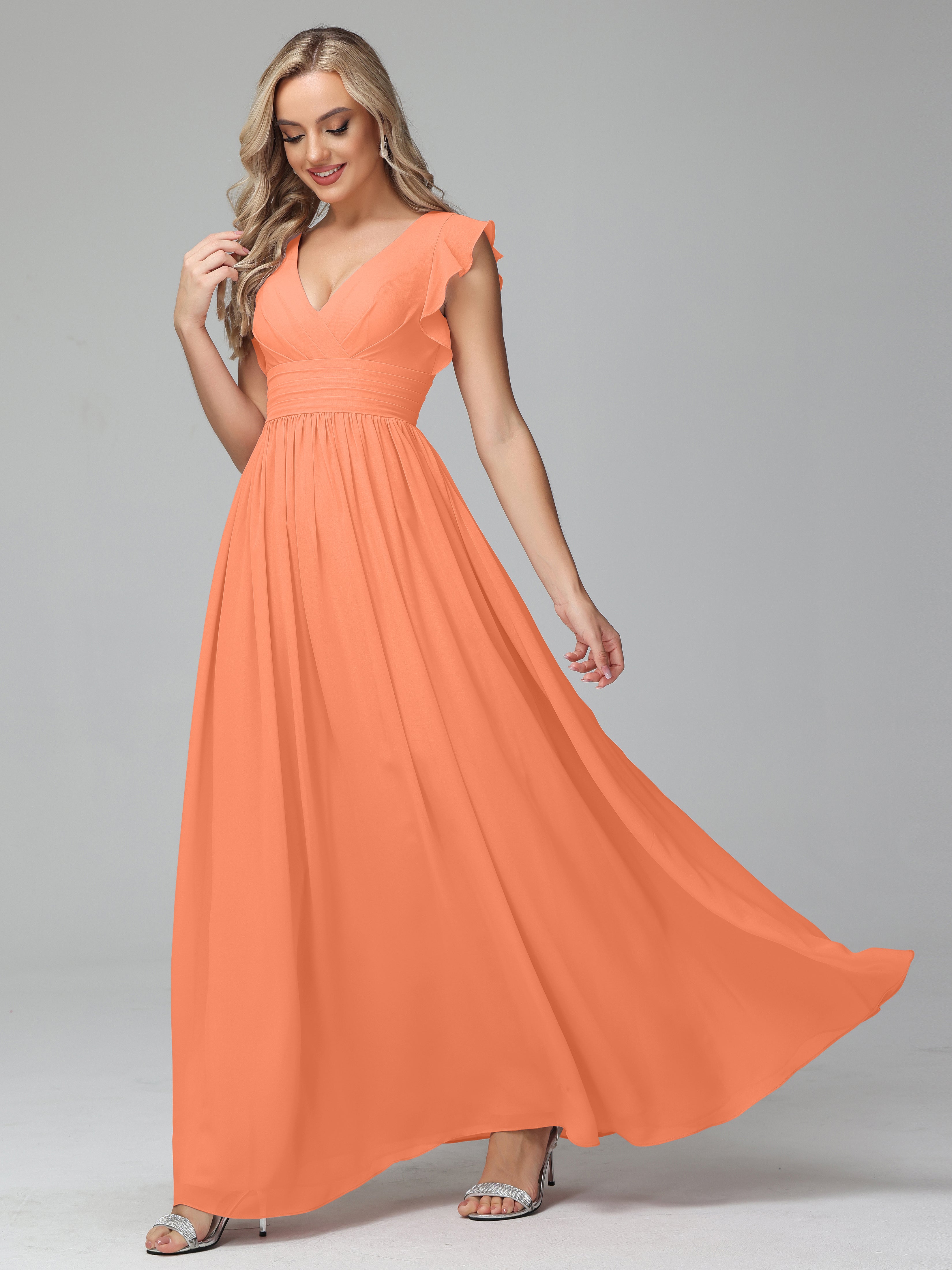 Bonnie V Neck Empire Chiffon Bridesmaid Dresses With Ruffle Sleeves