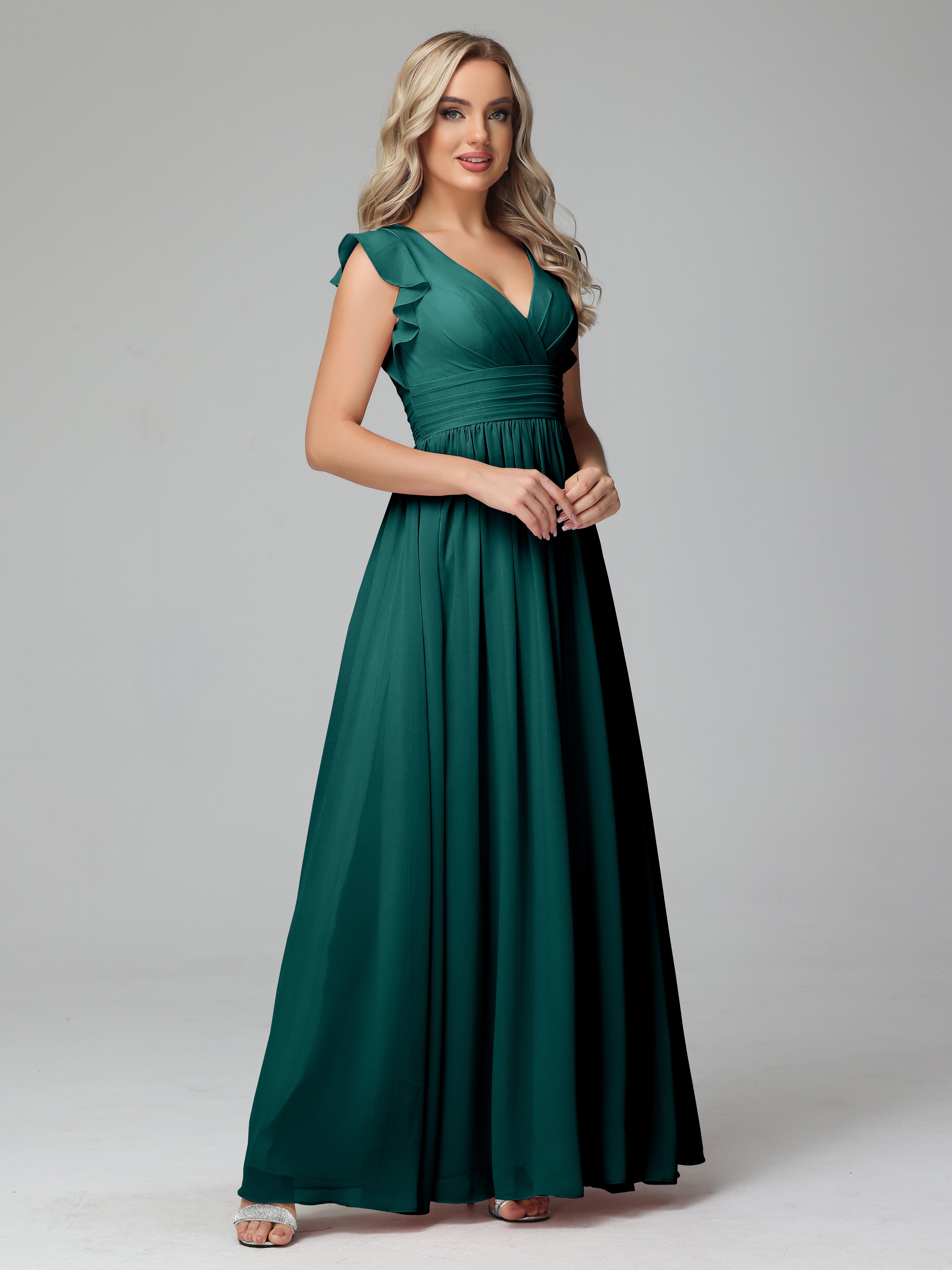 Bonnie V Neck Empire Chiffon Bridesmaid Dresses With Ruffle Sleeves