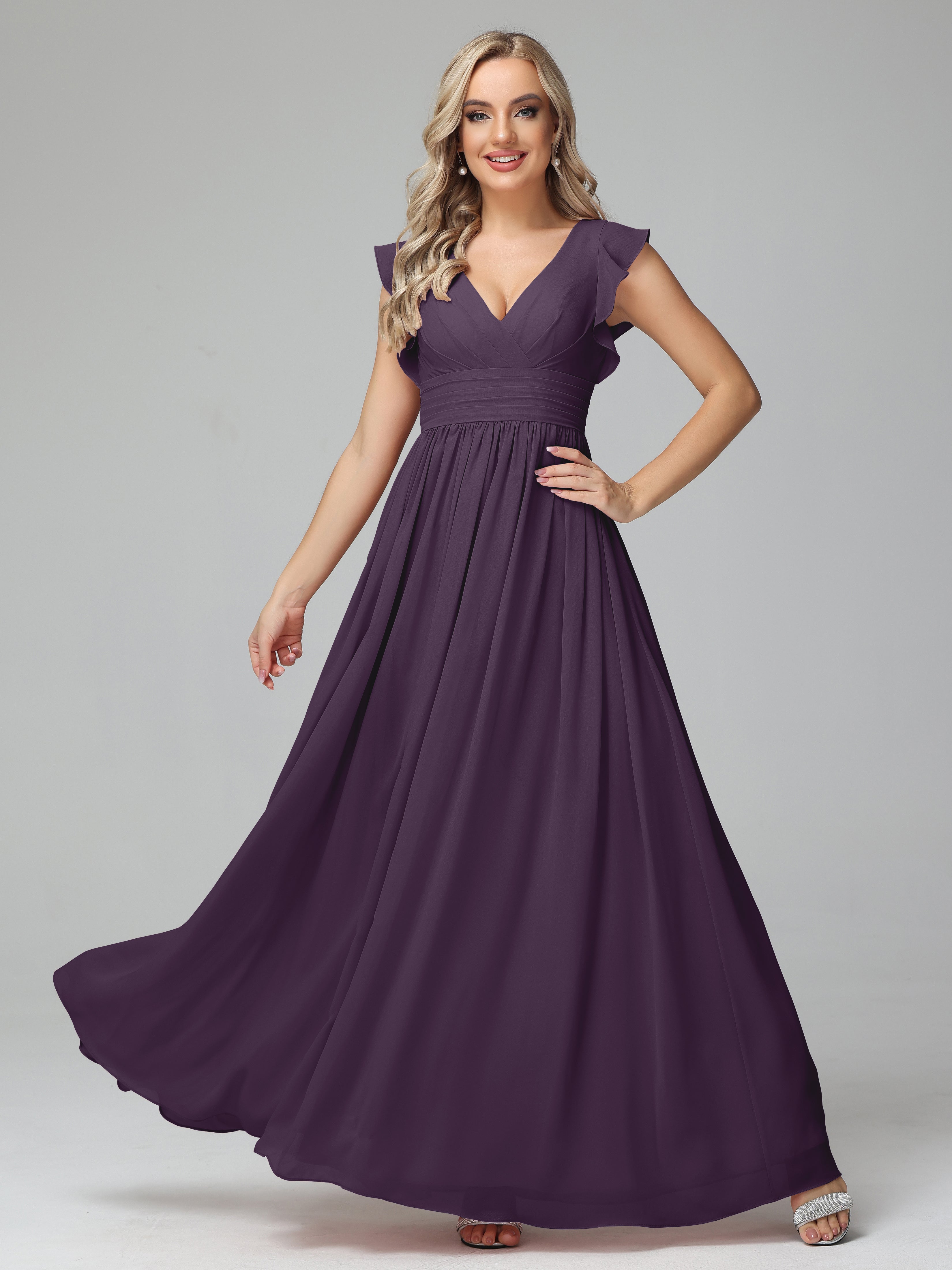 Bonnie V Neck Empire Chiffon Bridesmaid Dresses With Ruffle Sleeves