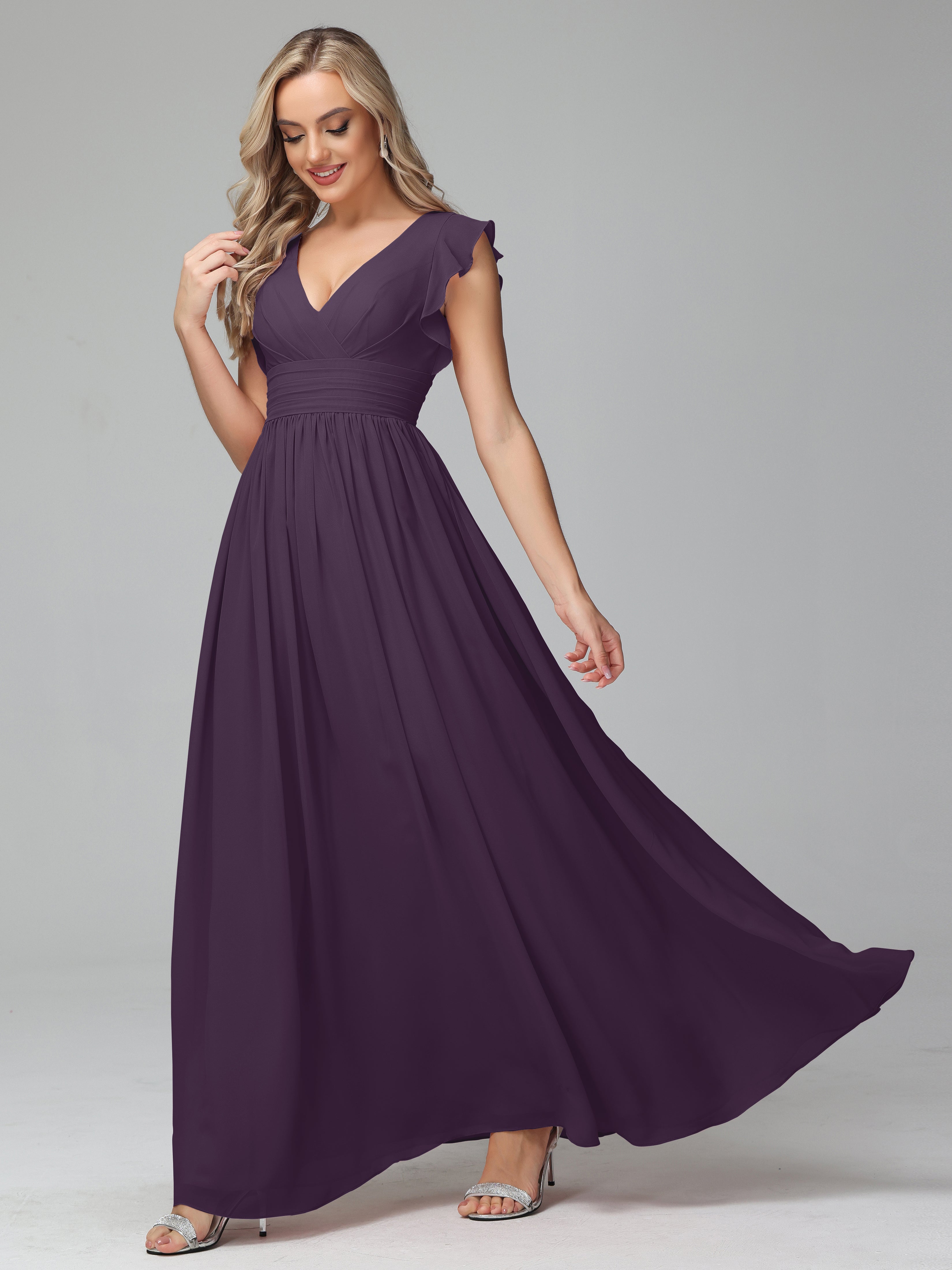 Bonnie V Neck Empire Chiffon Bridesmaid Dresses With Ruffle Sleeves