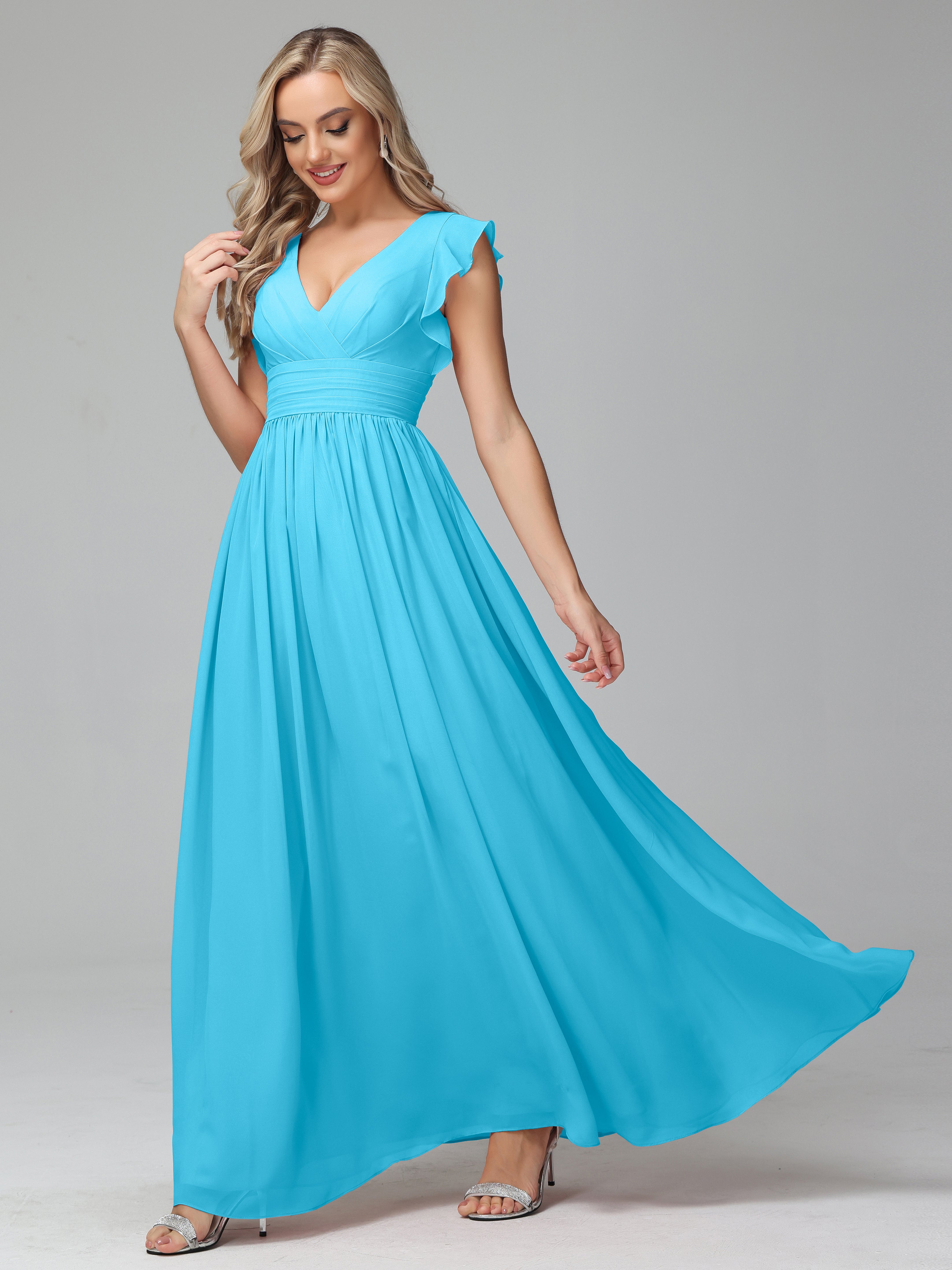 Bonnie V Neck Empire Chiffon Bridesmaid Dresses With Ruffle Sleeves