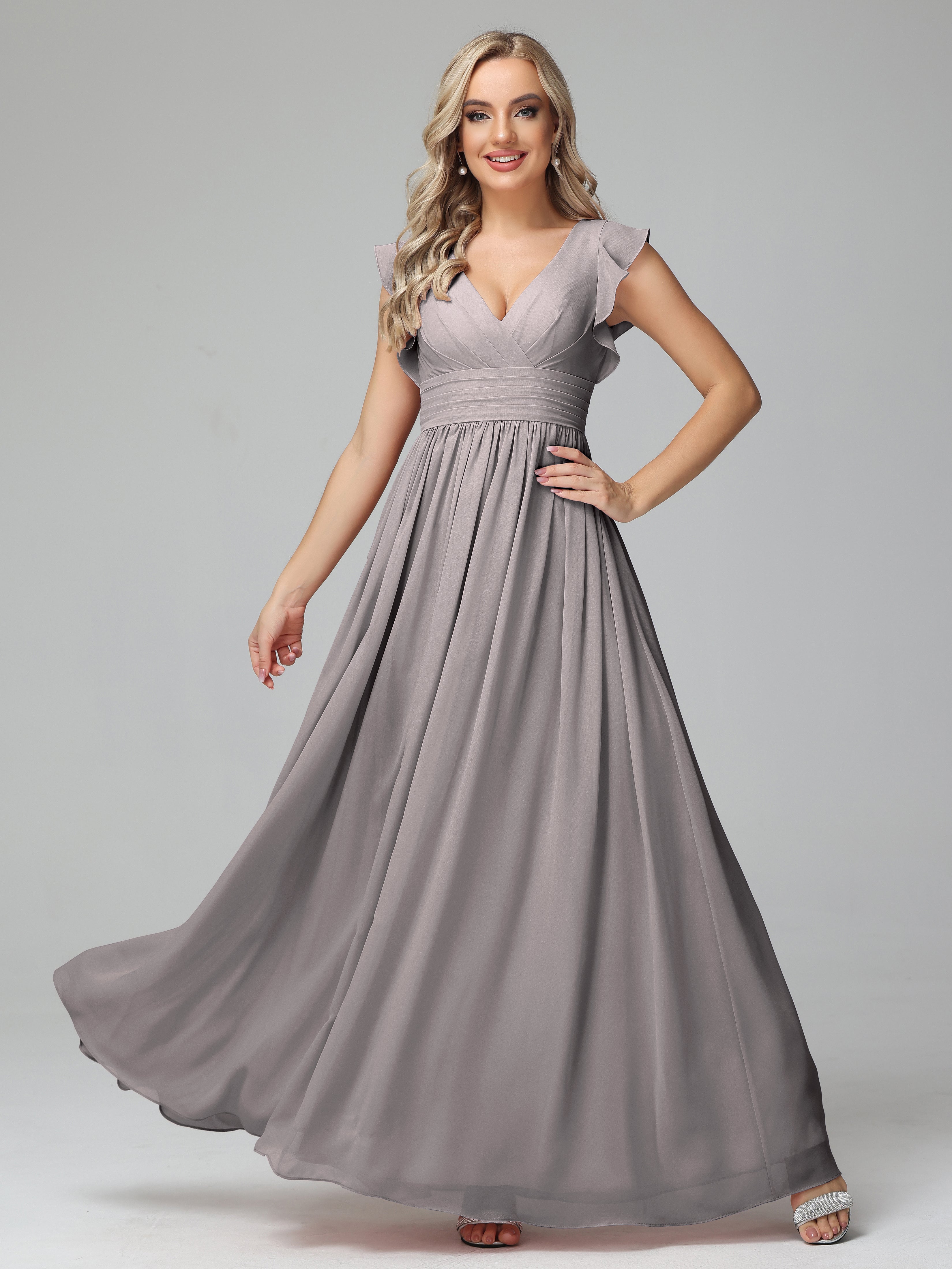 Bonnie V Neck Empire Chiffon Bridesmaid Dresses With Ruffle Sleeves