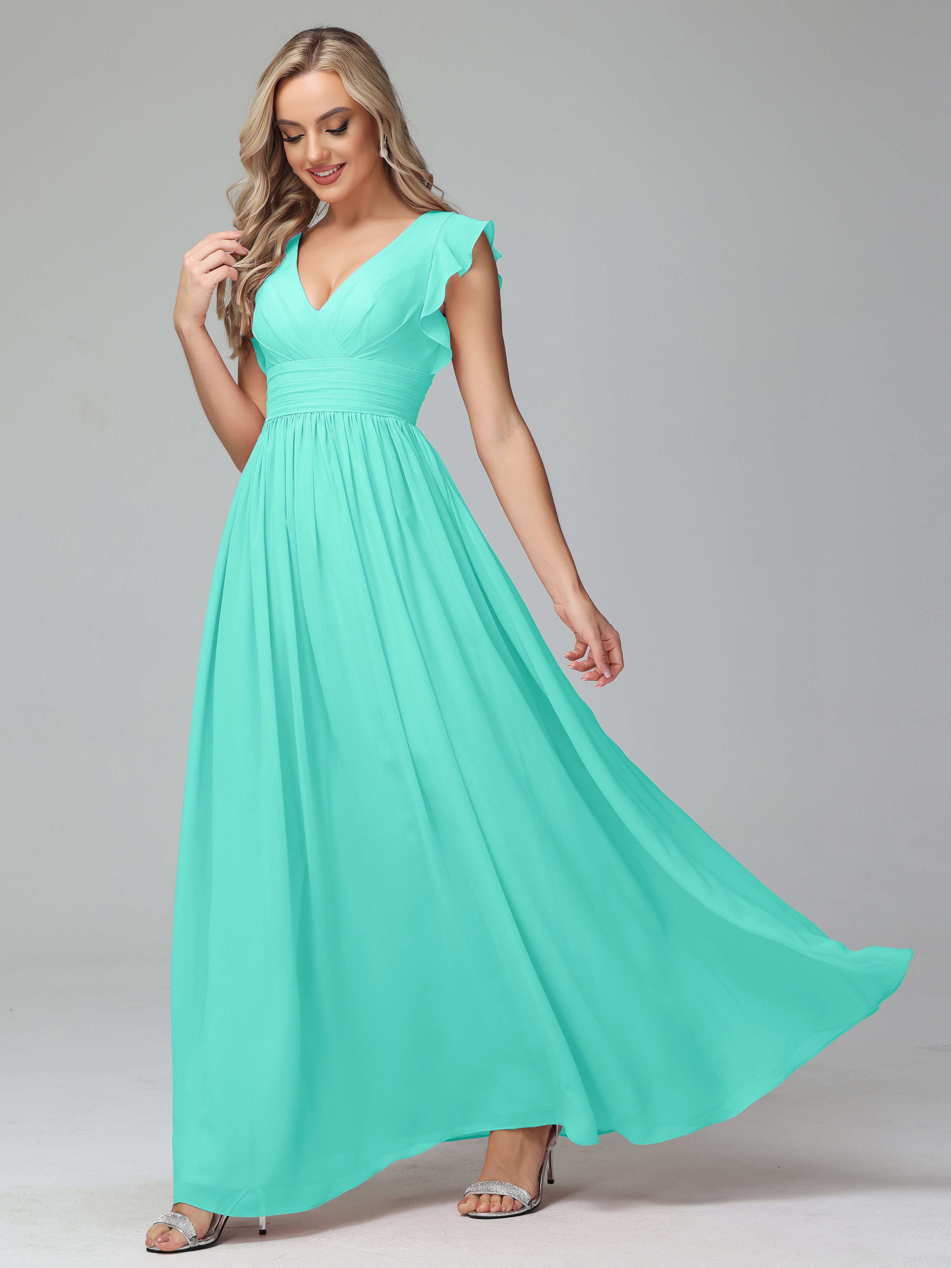 Bonnie V Neck Empire Chiffon Bridesmaid Dresses With Ruffle Sleeves