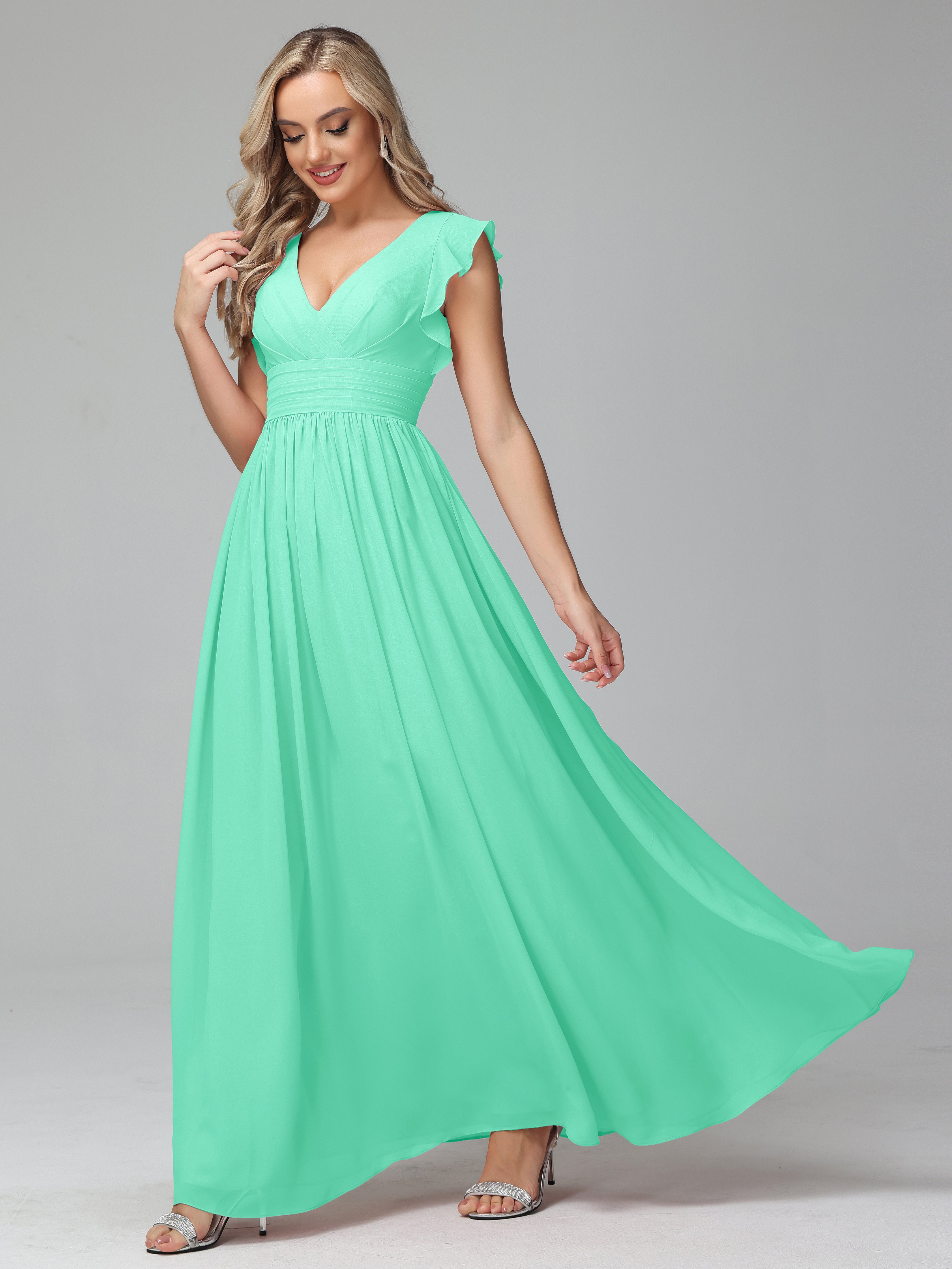 Bonnie V Neck Empire Chiffon Bridesmaid Dresses With Ruffle Sleeves