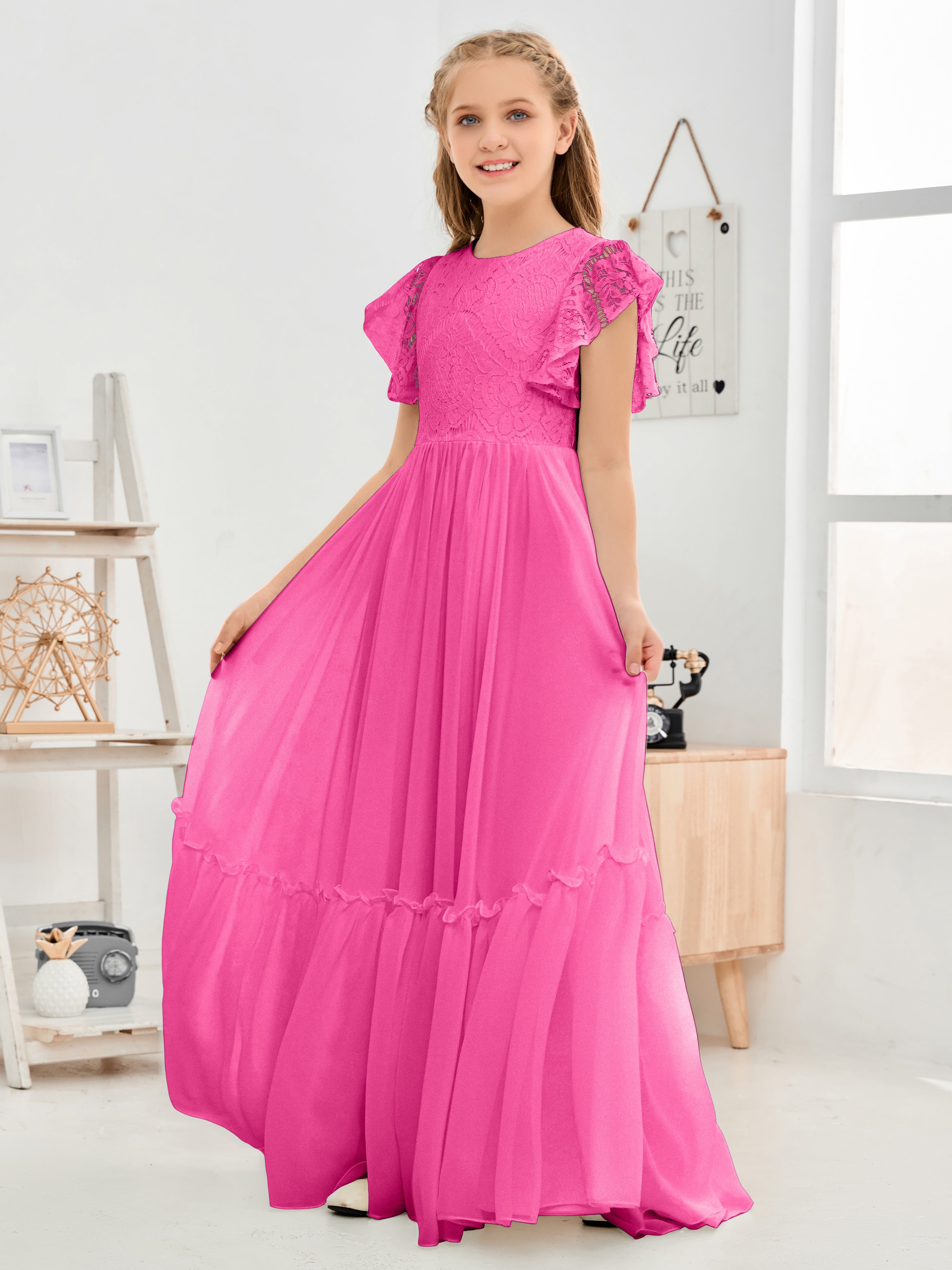 Cap Sleeves A Line Lace Top Junior Chiffon Bridesmaid Dress