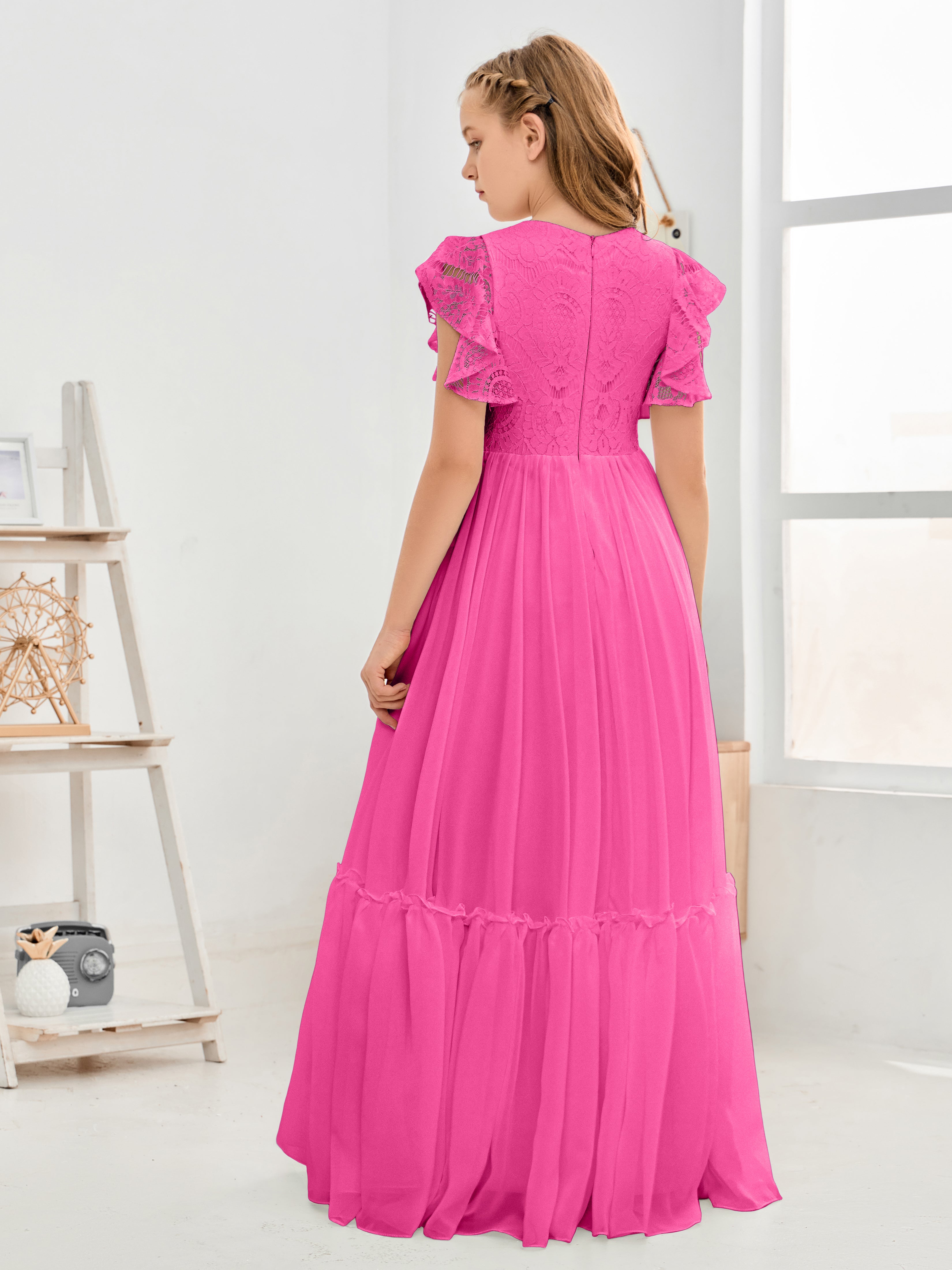 Cap Sleeves A Line Lace Top Junior Chiffon Bridesmaid Dress