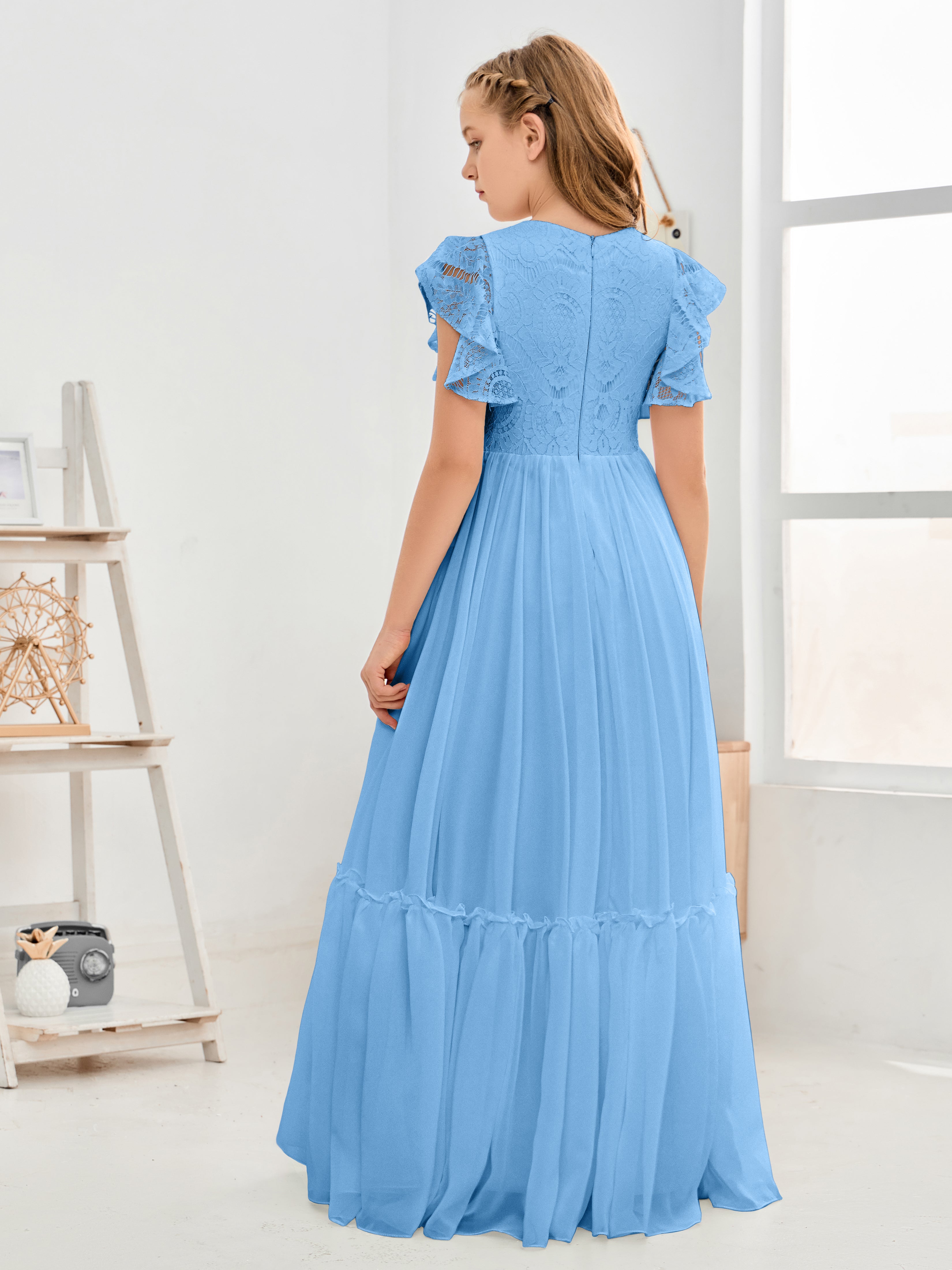 Cap Sleeves A Line Lace Top Junior Chiffon Bridesmaid Dress