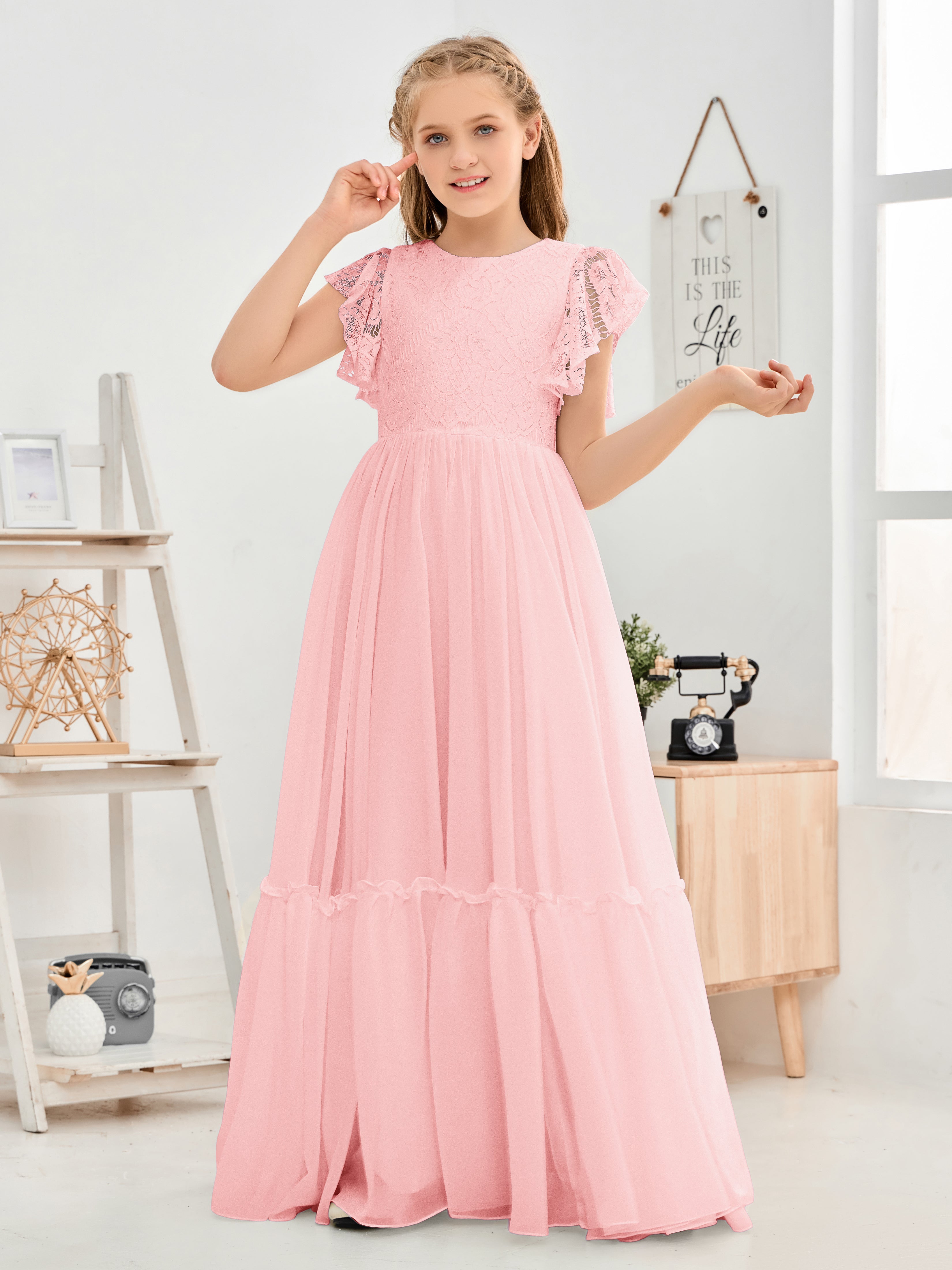 Cap Sleeves A Line Lace Top Junior Chiffon Bridesmaid Dress