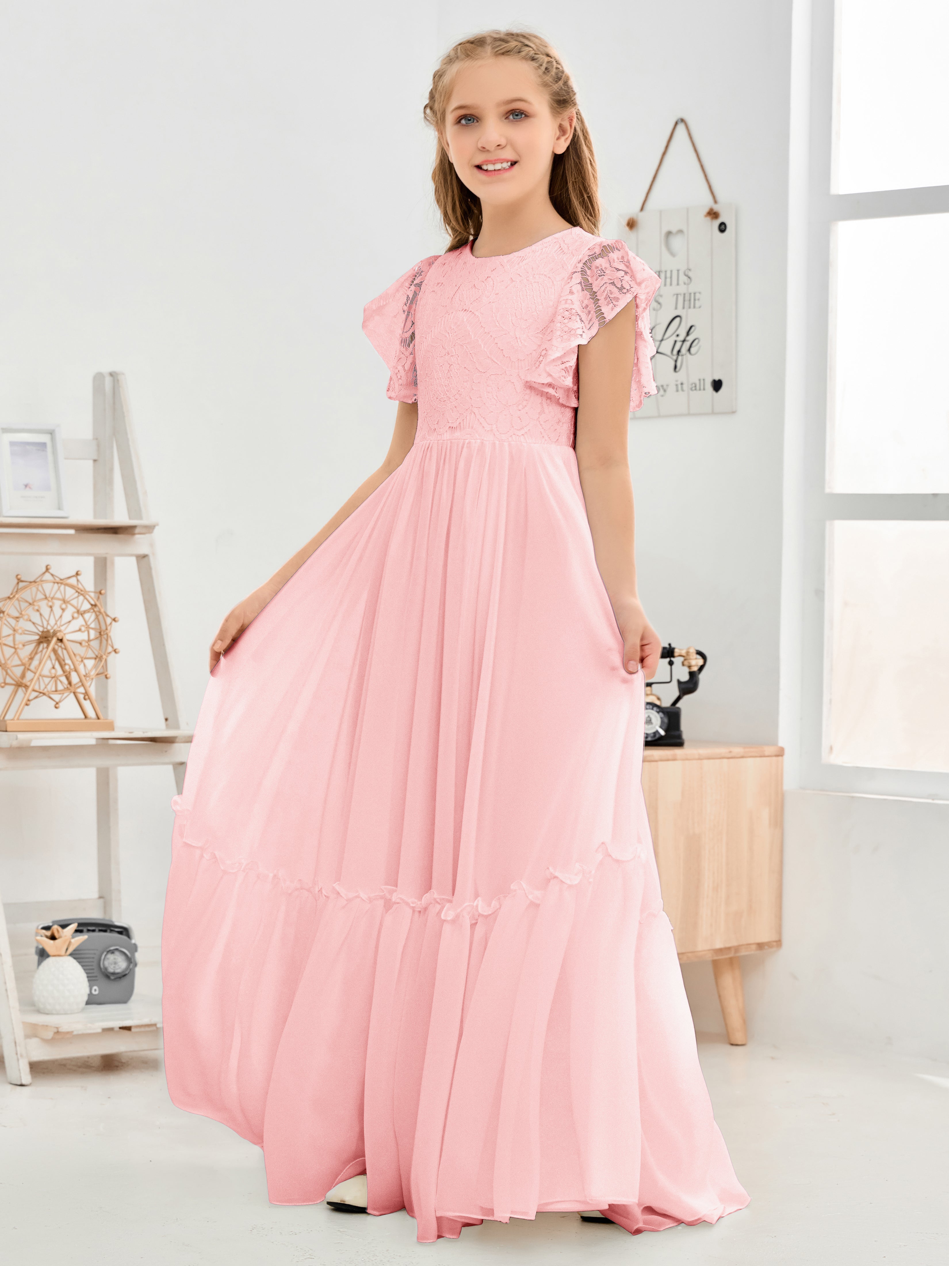 Cap Sleeves A Line Lace Top Junior Chiffon Bridesmaid Dress