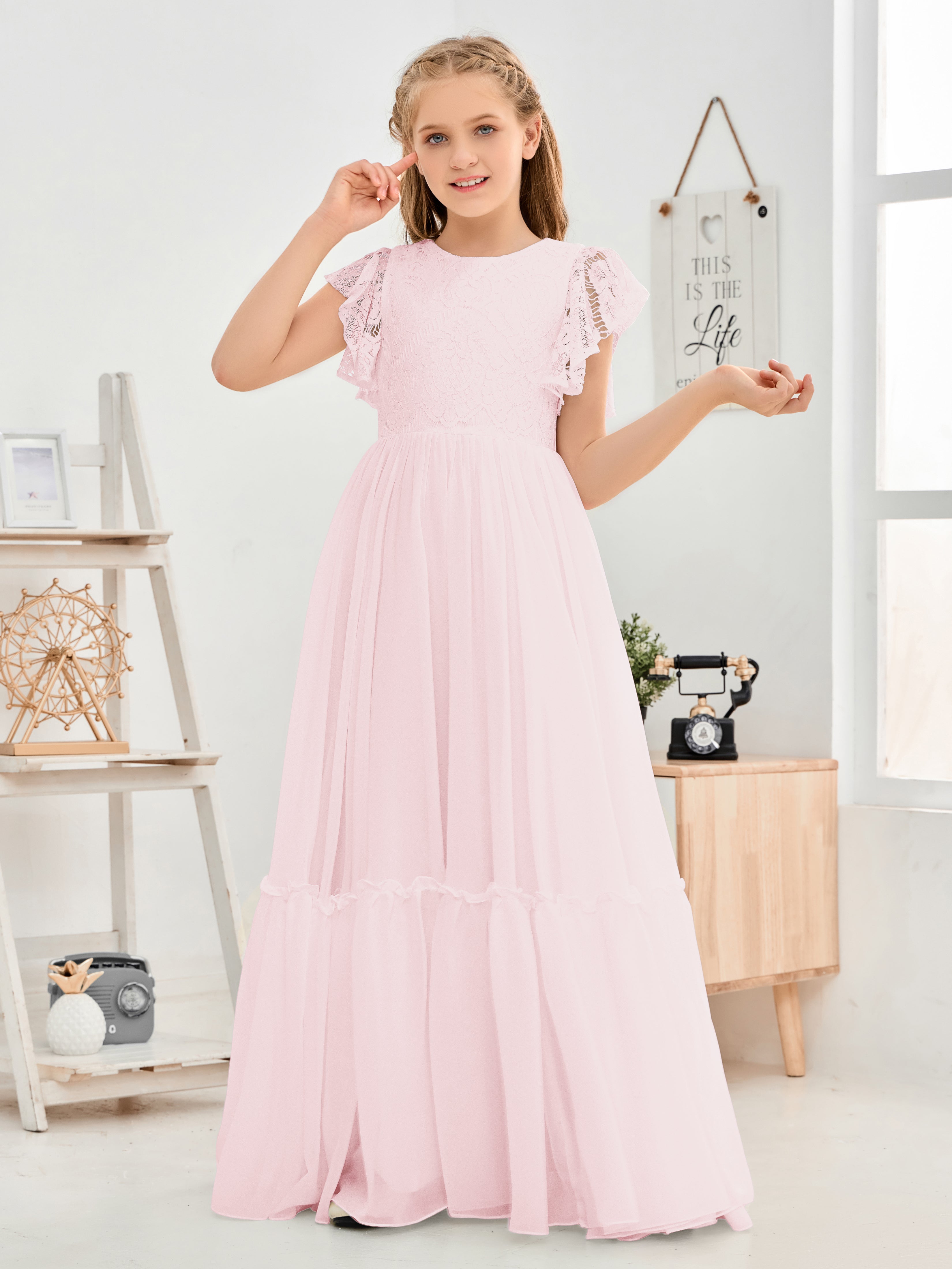 Cap Sleeves A Line Lace Top Junior Chiffon Bridesmaid Dress