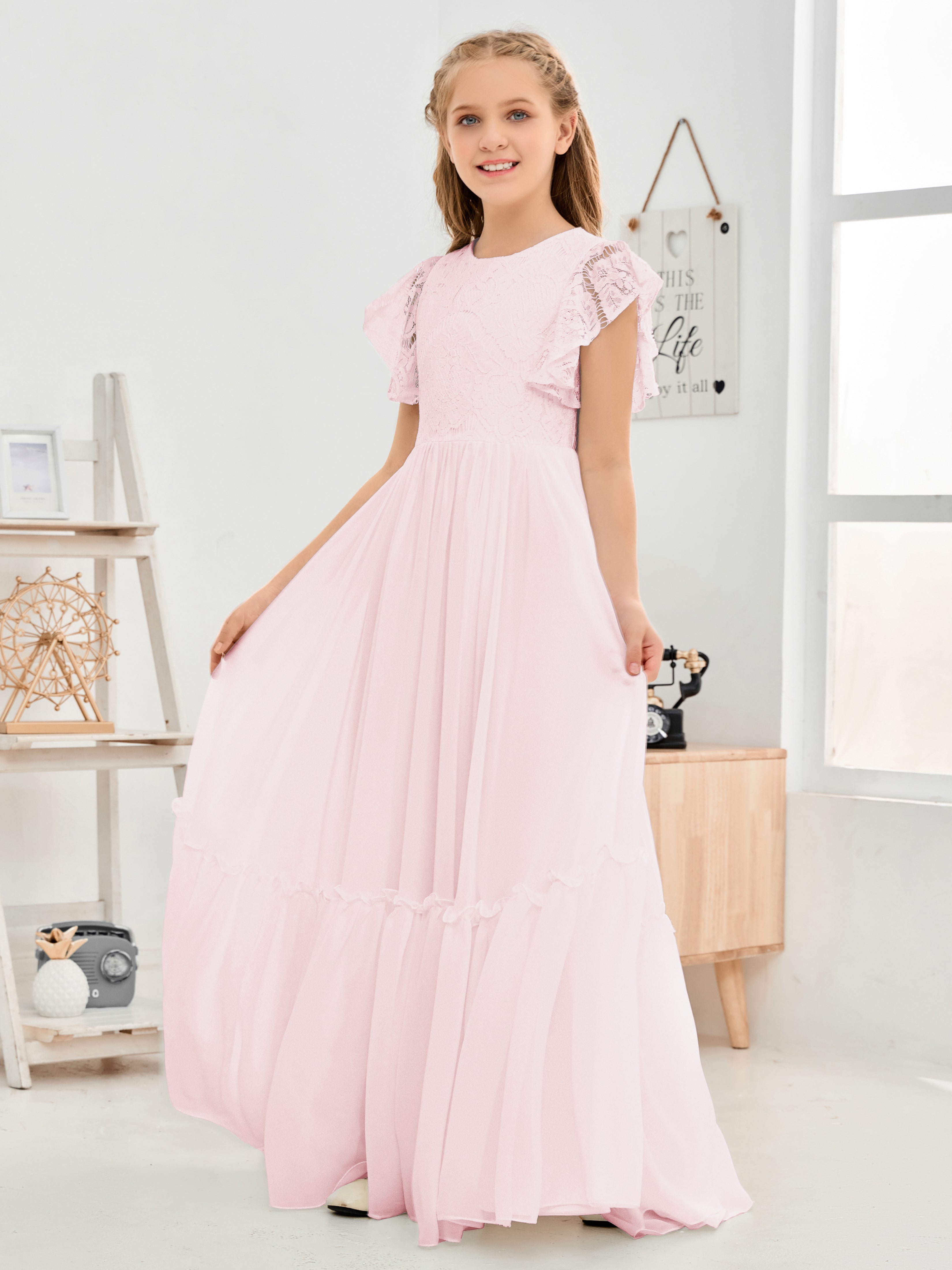 Cap Sleeves A Line Lace Top Junior Chiffon Bridesmaid Dress