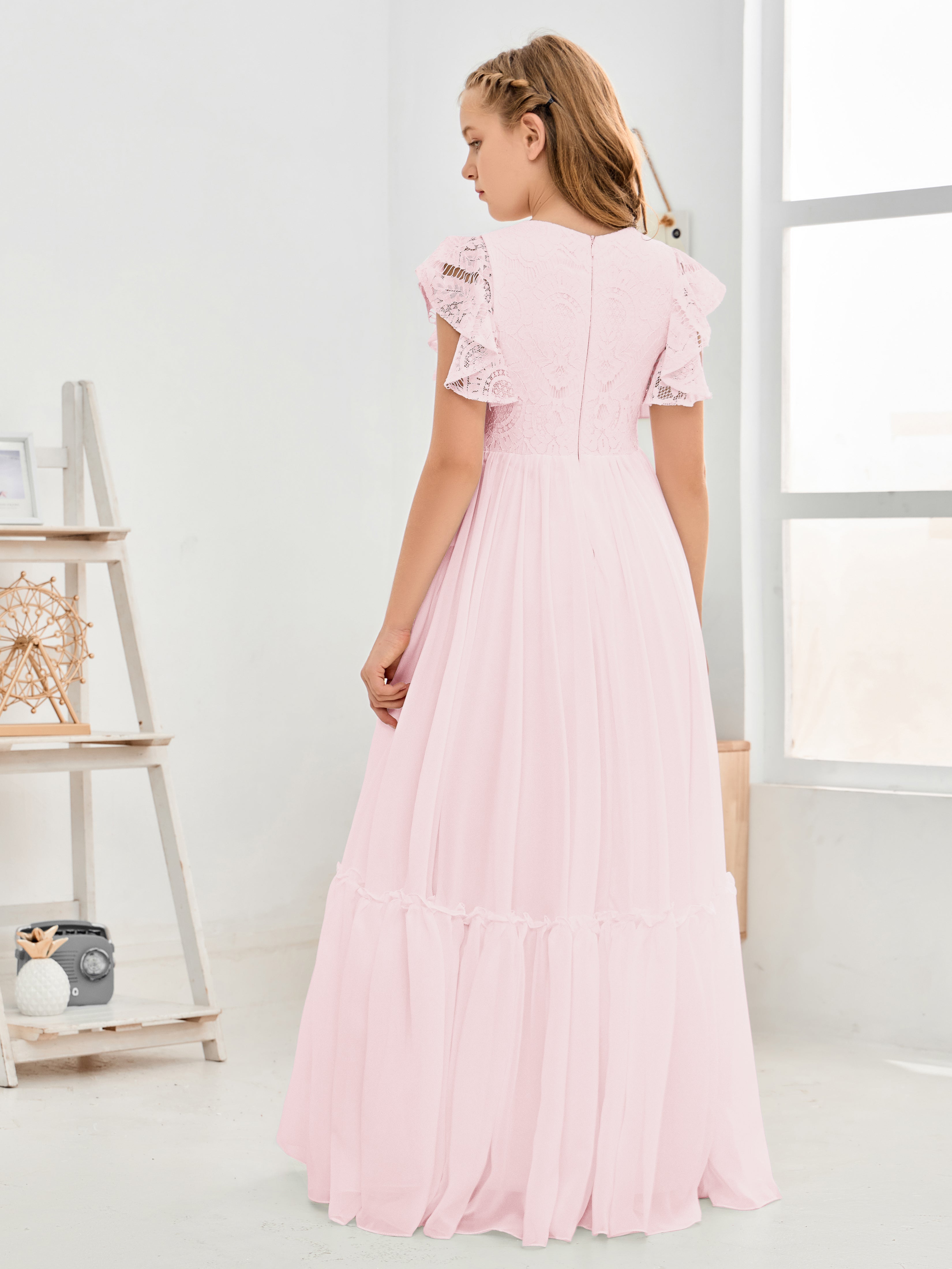 Cap Sleeves A Line Lace Top Junior Chiffon Bridesmaid Dress