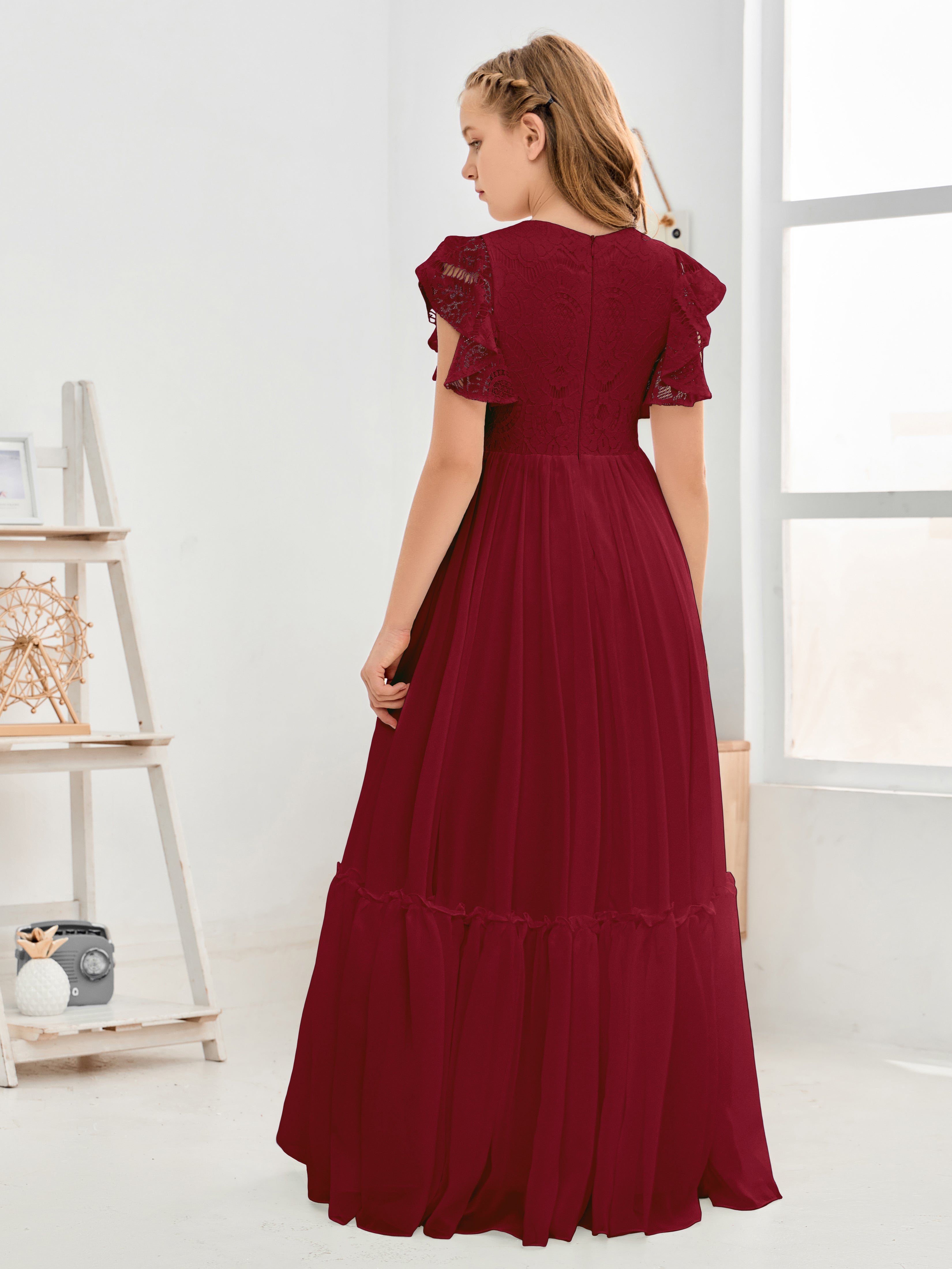 Cap Sleeves A Line Lace Top Junior Chiffon Bridesmaid Dress