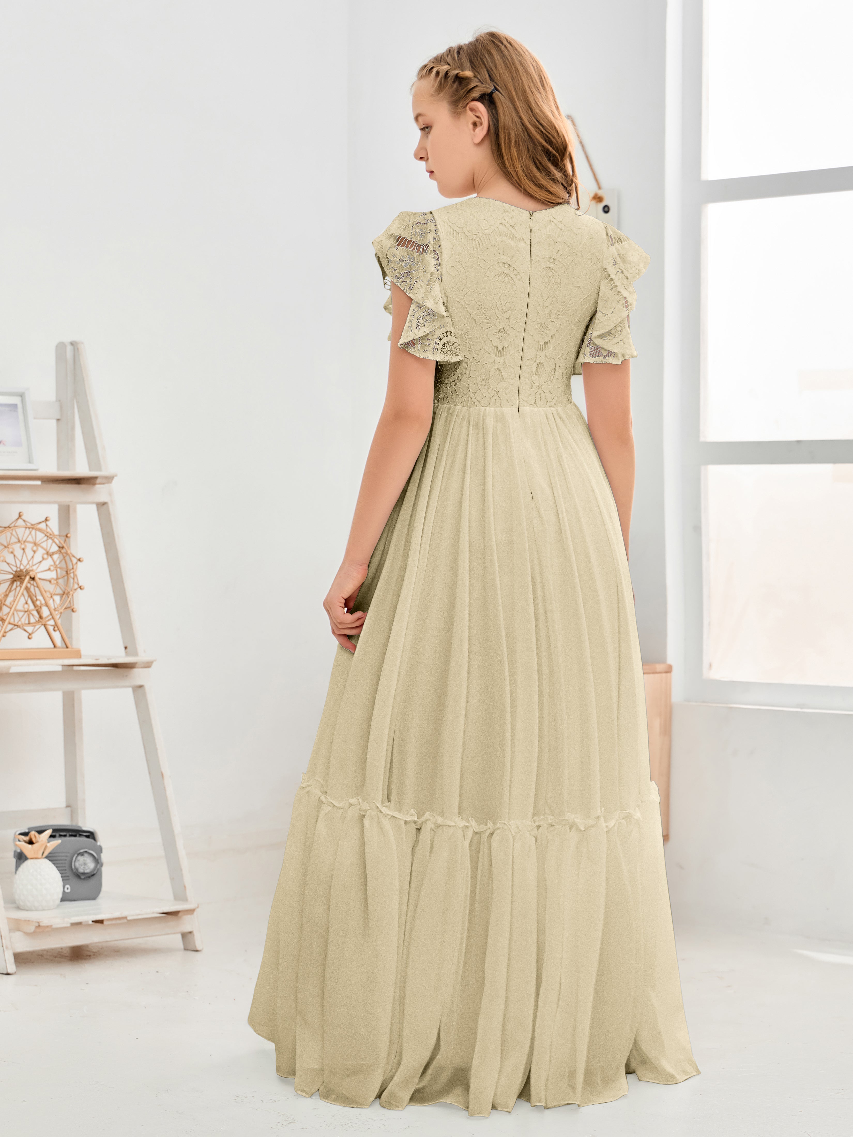 Cap Sleeves A Line Lace Top Junior Chiffon Bridesmaid Dress