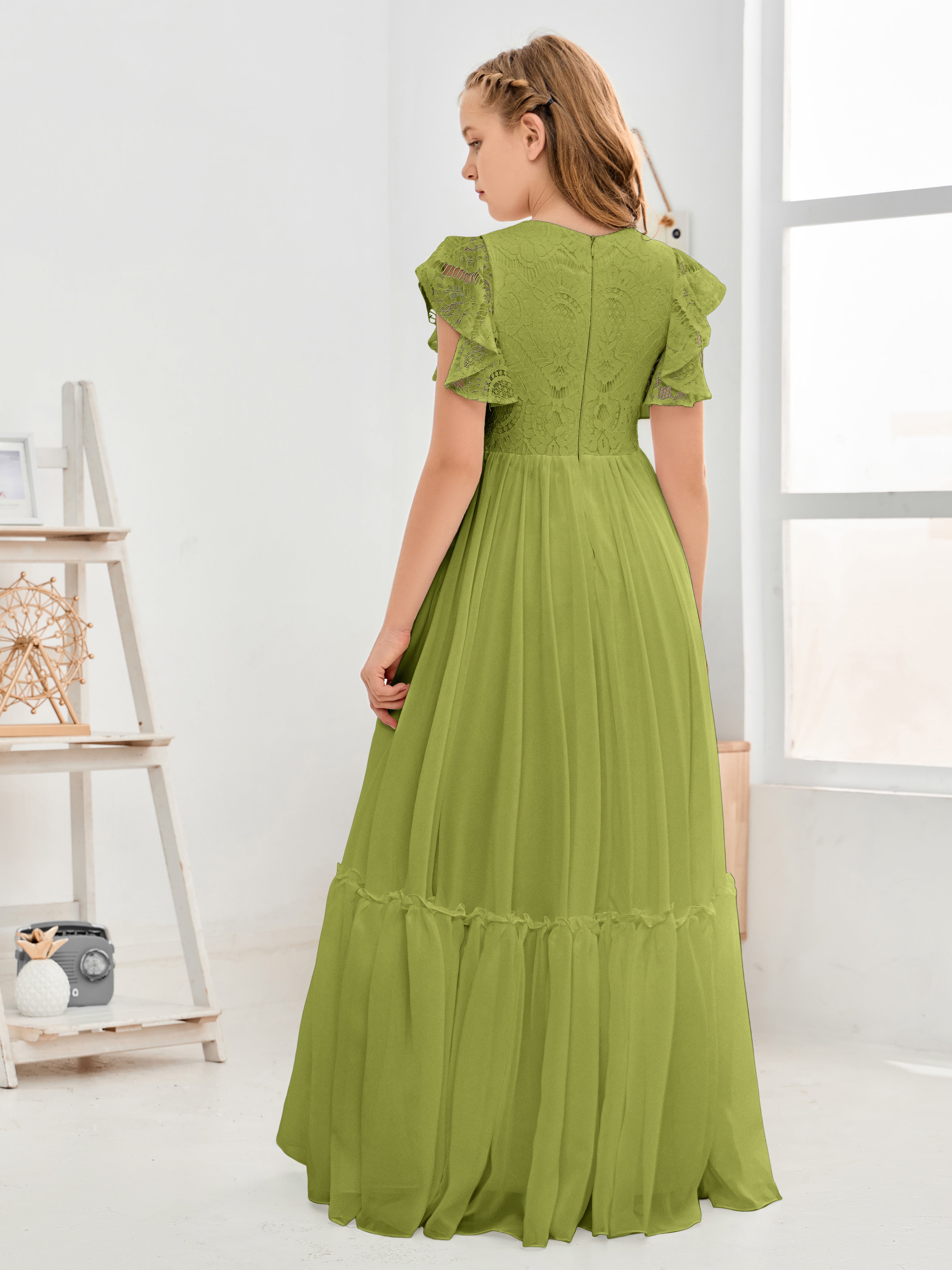 Cap Sleeves A Line Lace Top Junior Chiffon Bridesmaid Dress