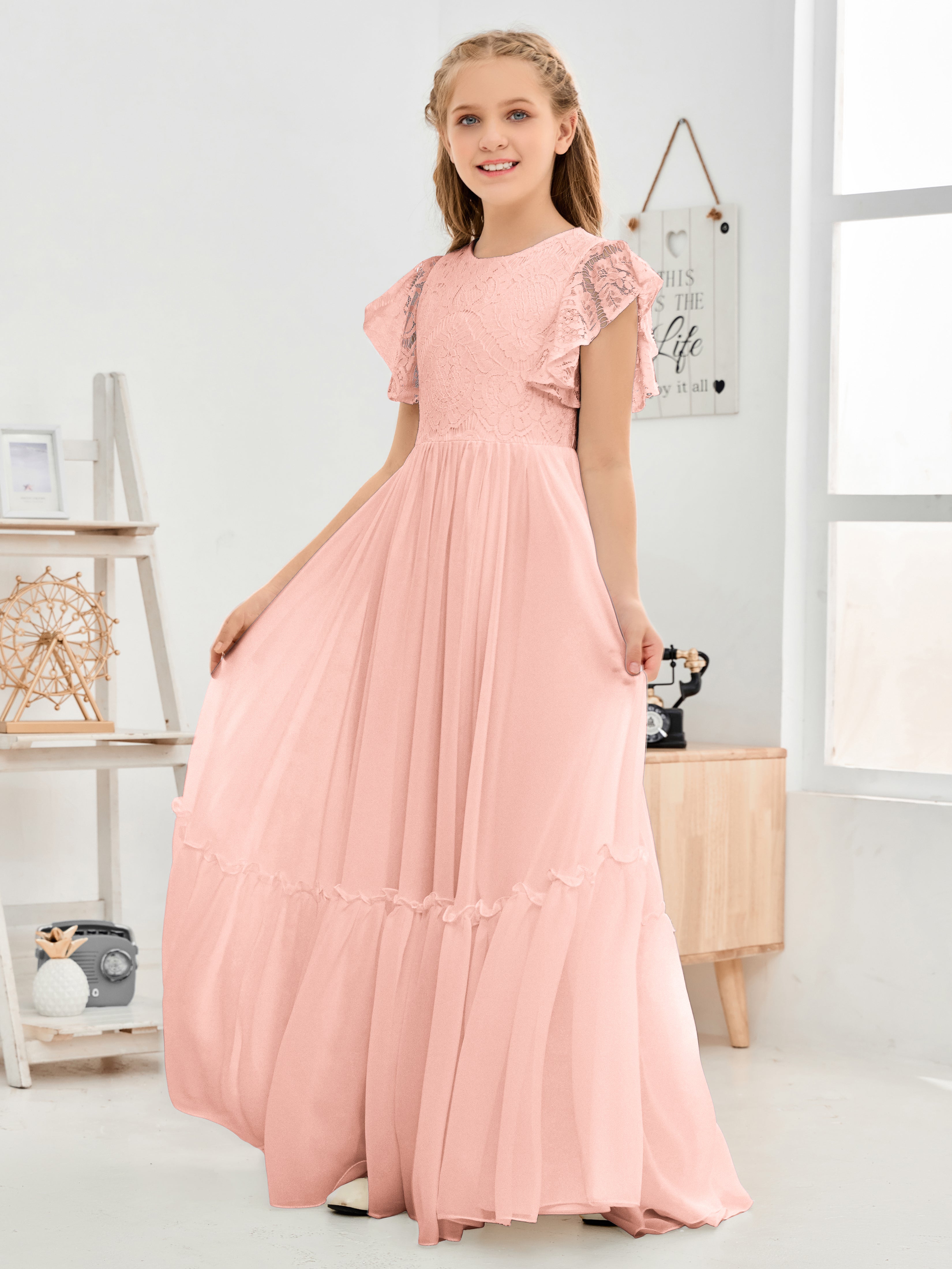 Cap Sleeves A Line Lace Top Junior Chiffon Bridesmaid Dress