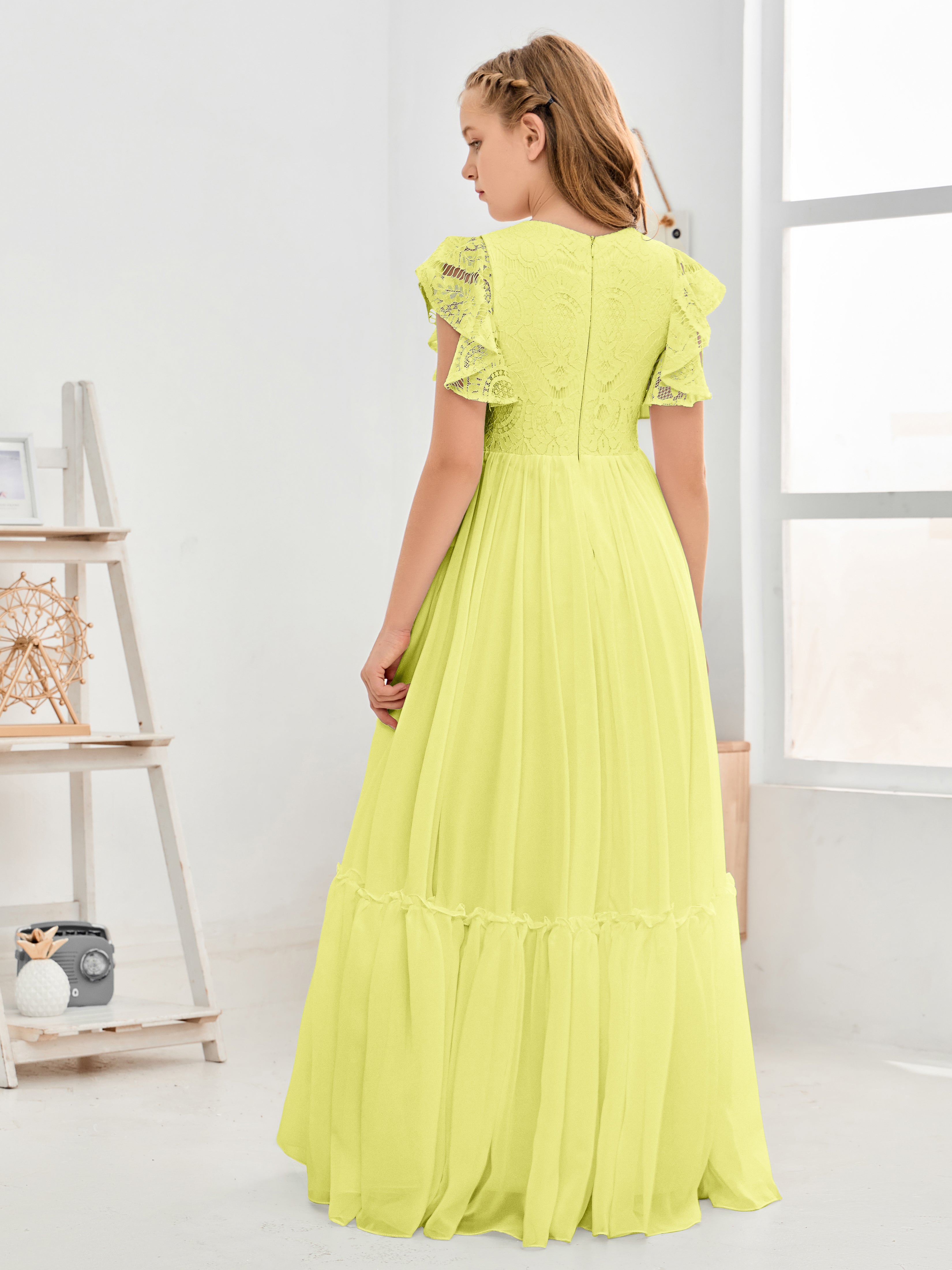 Cap Sleeves A Line Lace Top Junior Chiffon Bridesmaid Dress