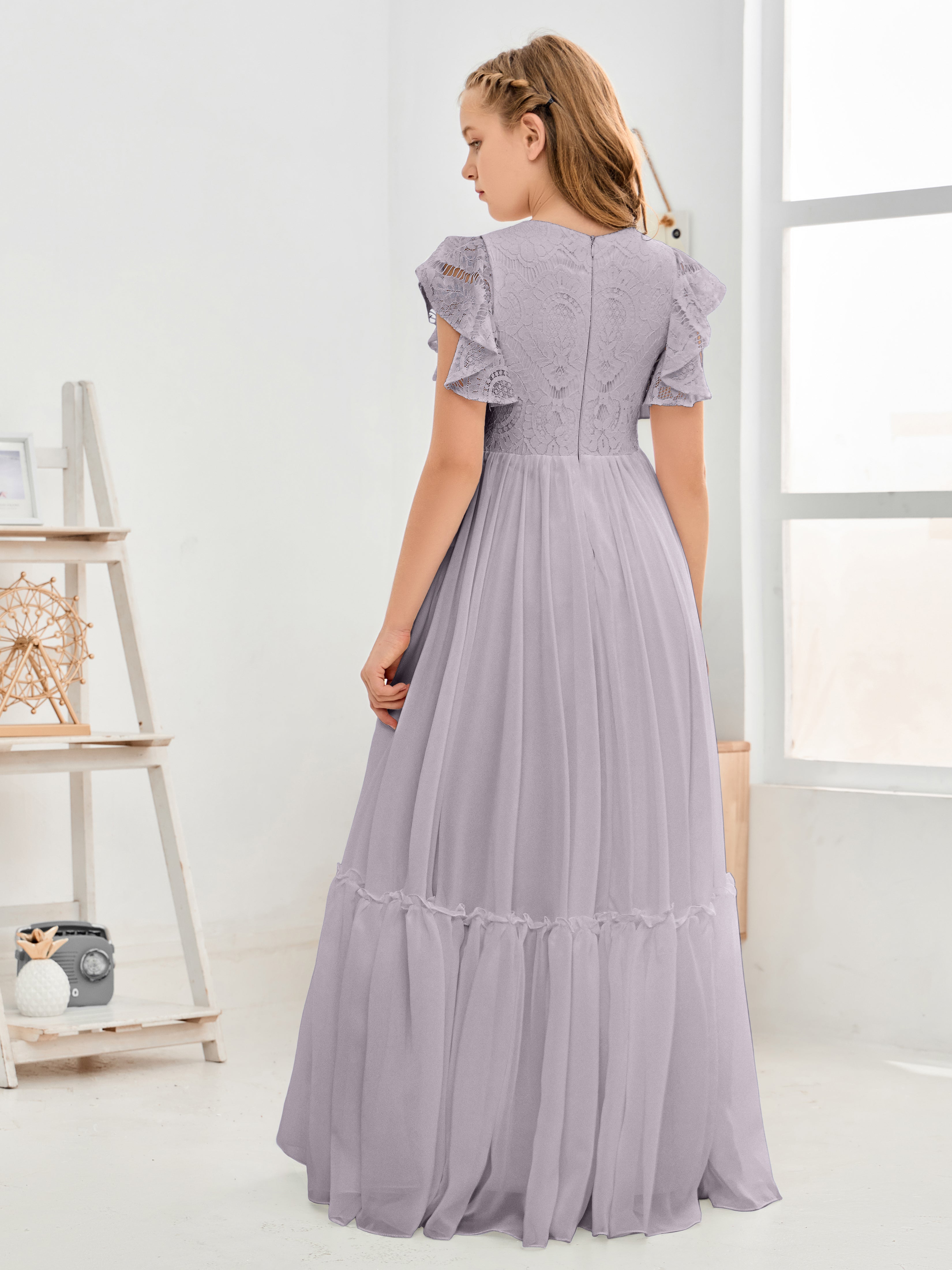 Cap Sleeves A Line Lace Top Junior Chiffon Bridesmaid Dress