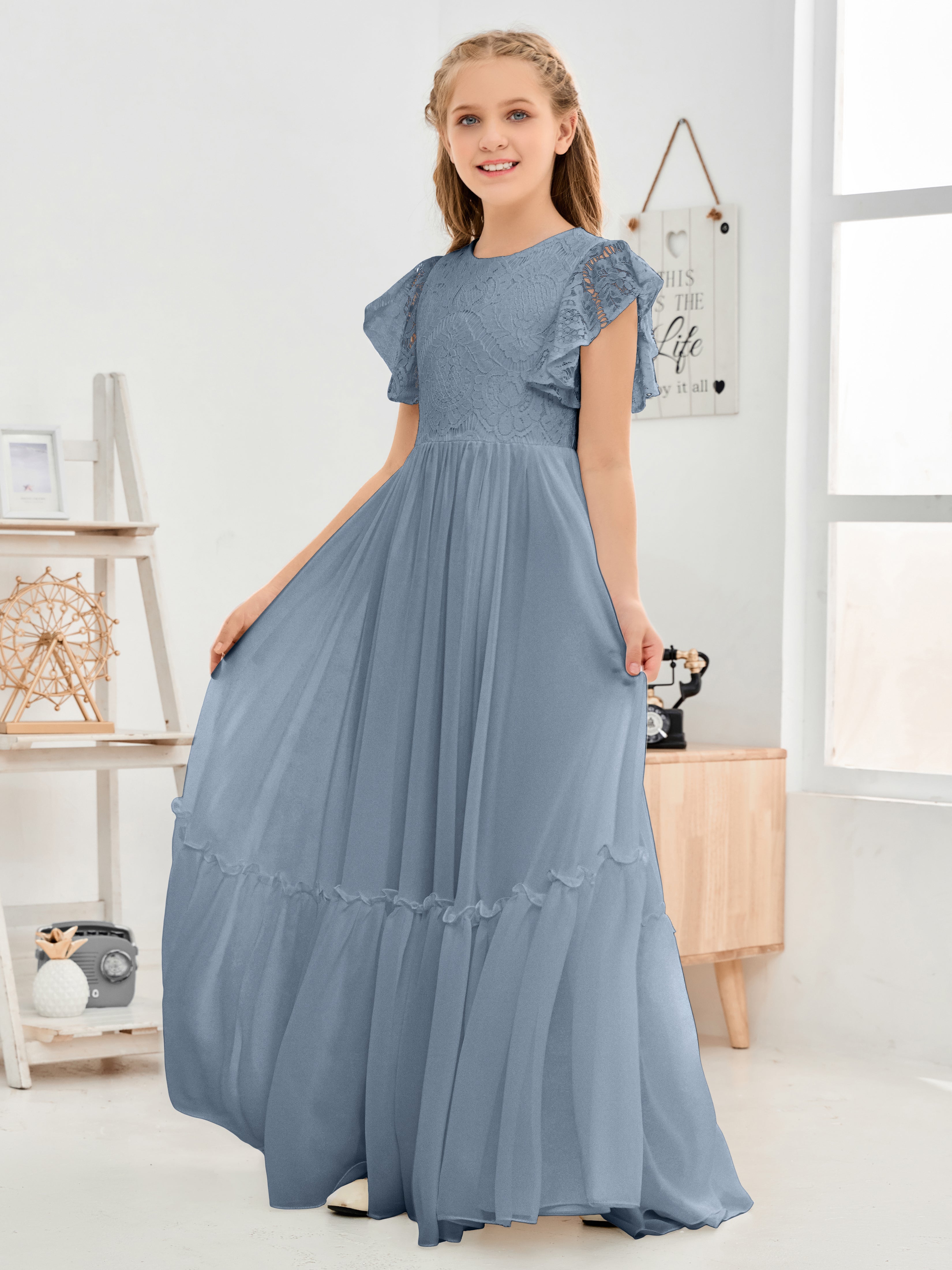 Cap Sleeves A Line Lace Top Junior Chiffon Bridesmaid Dress