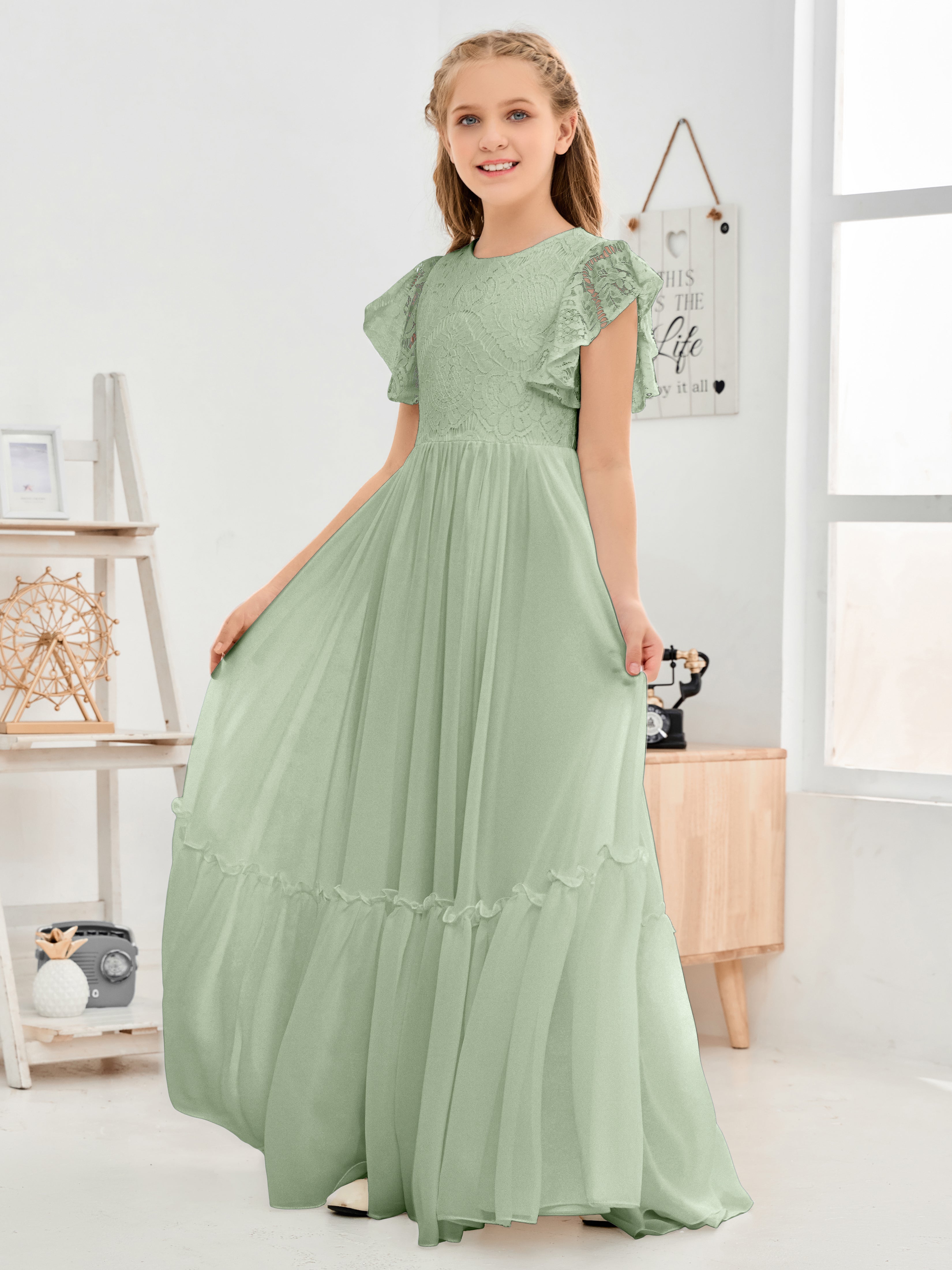 Cap Sleeves A Line Lace Top Junior Chiffon Bridesmaid Dress