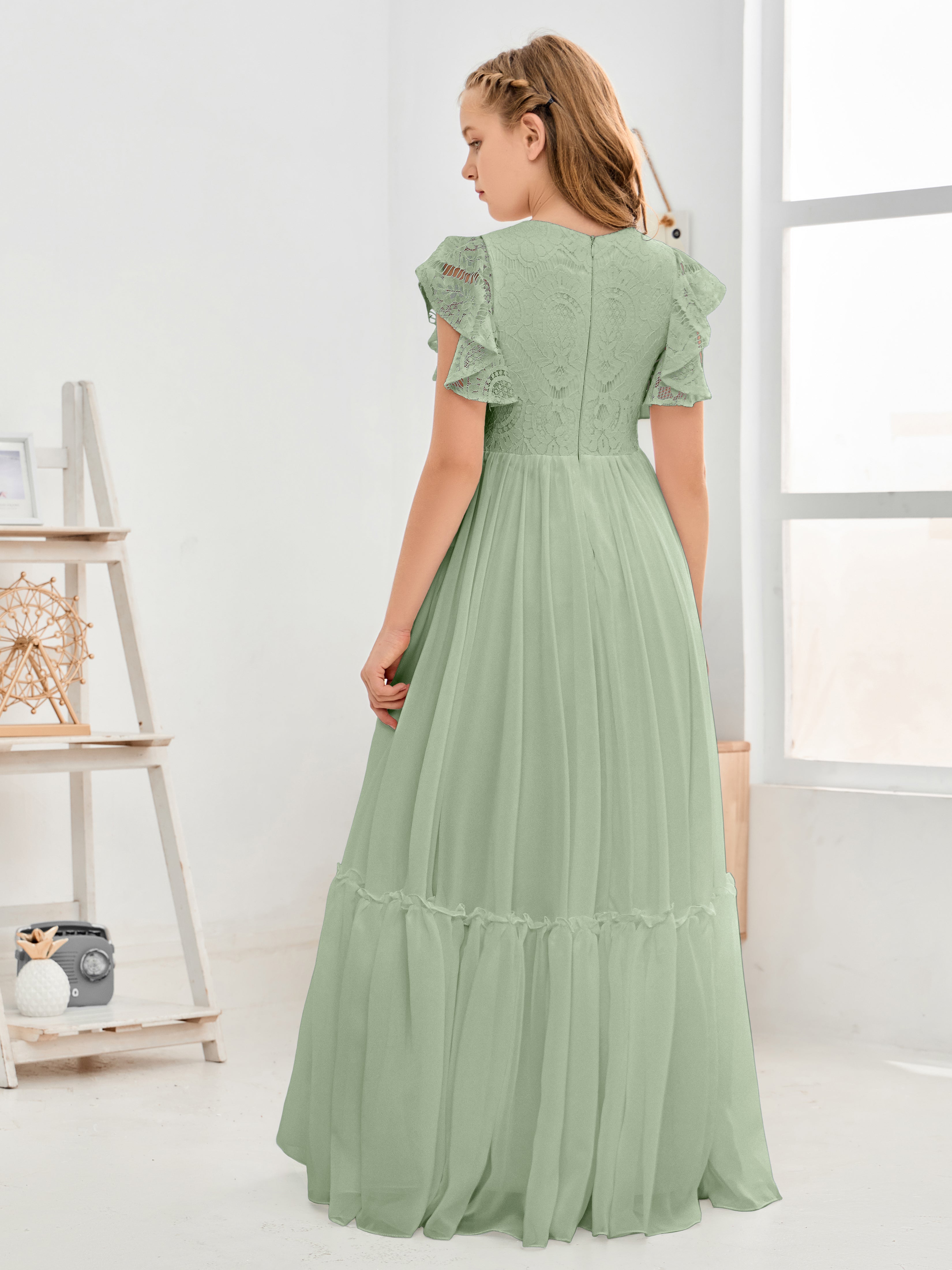 Cap Sleeves A Line Lace Top Junior Chiffon Bridesmaid Dress