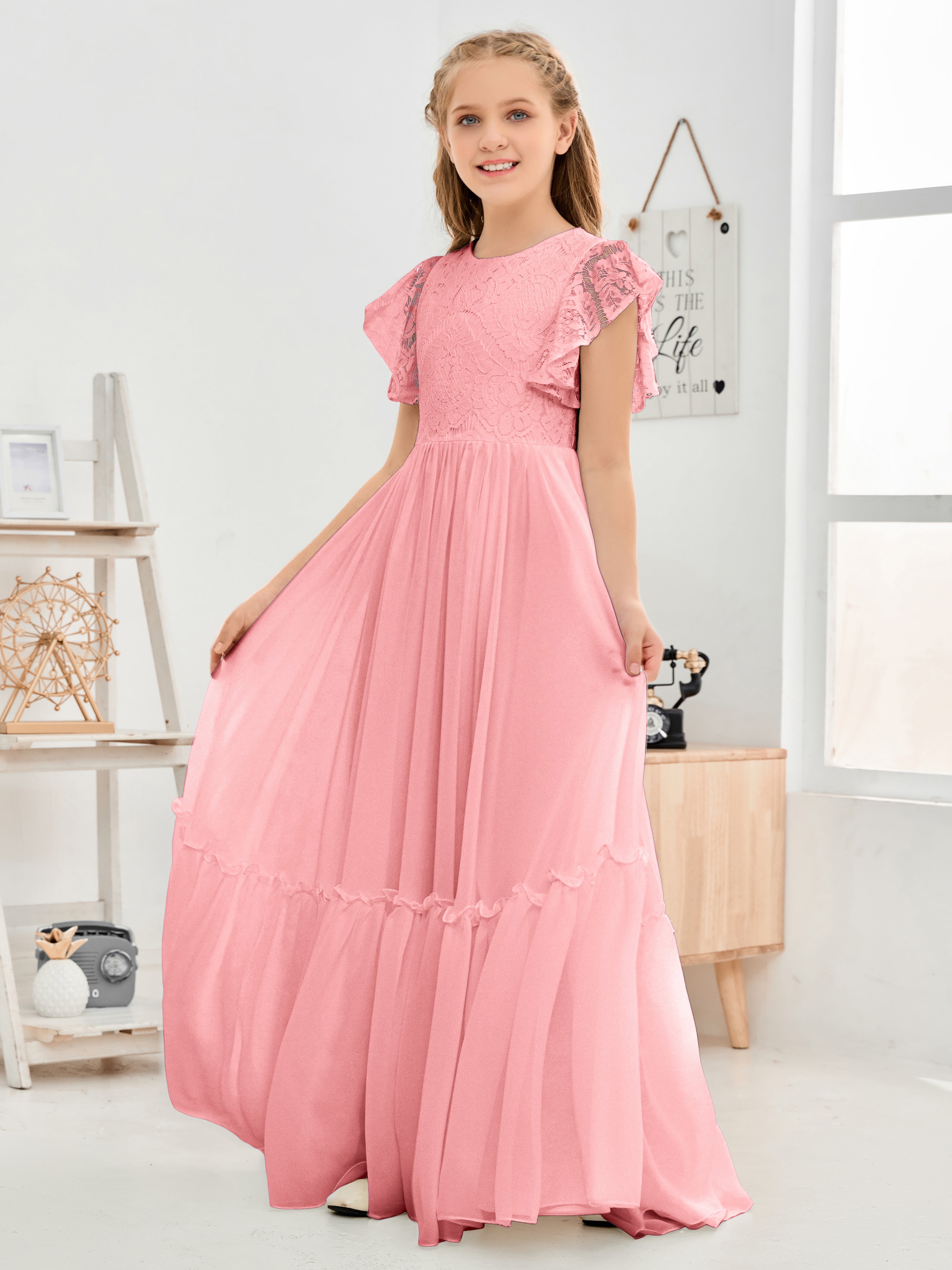 Cap Sleeves A Line Lace Top Junior Chiffon Bridesmaid Dress