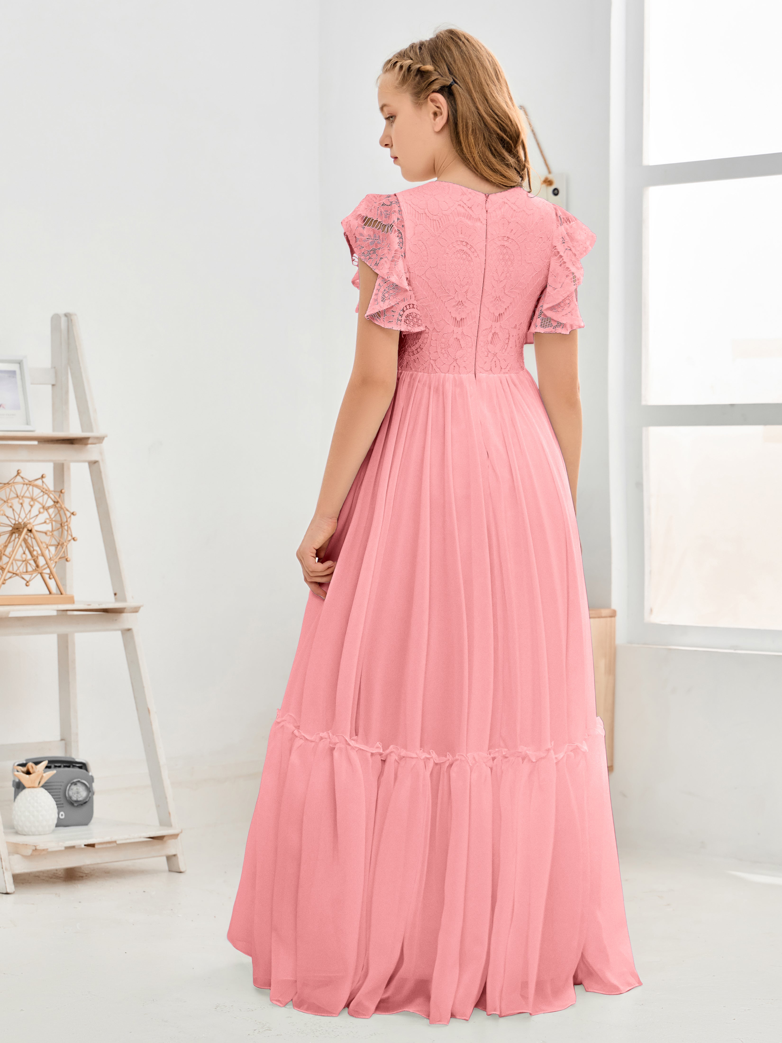 Cap Sleeves A Line Lace Top Junior Chiffon Bridesmaid Dress