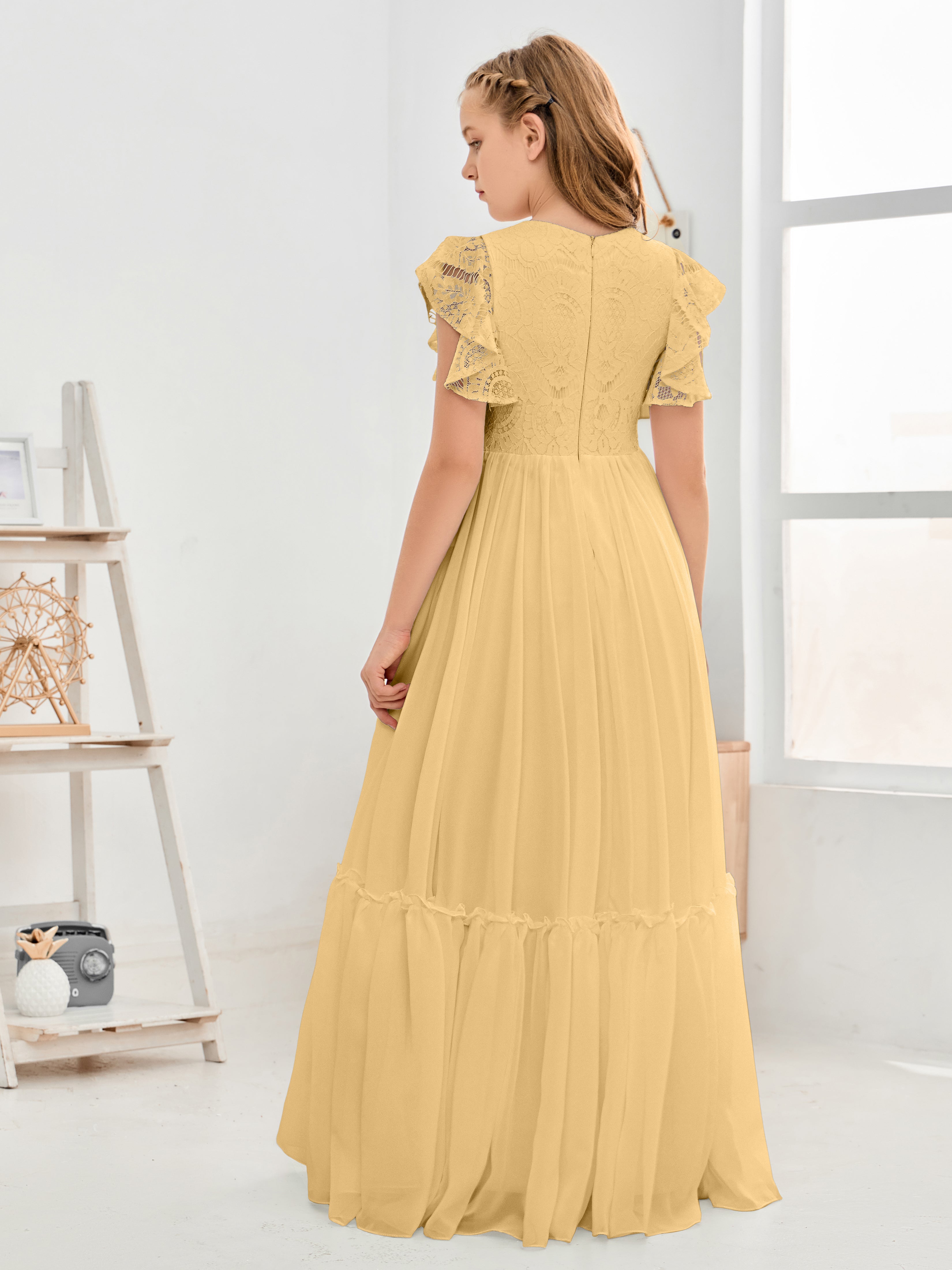 Cap Sleeves A Line Lace Top Junior Chiffon Bridesmaid Dress