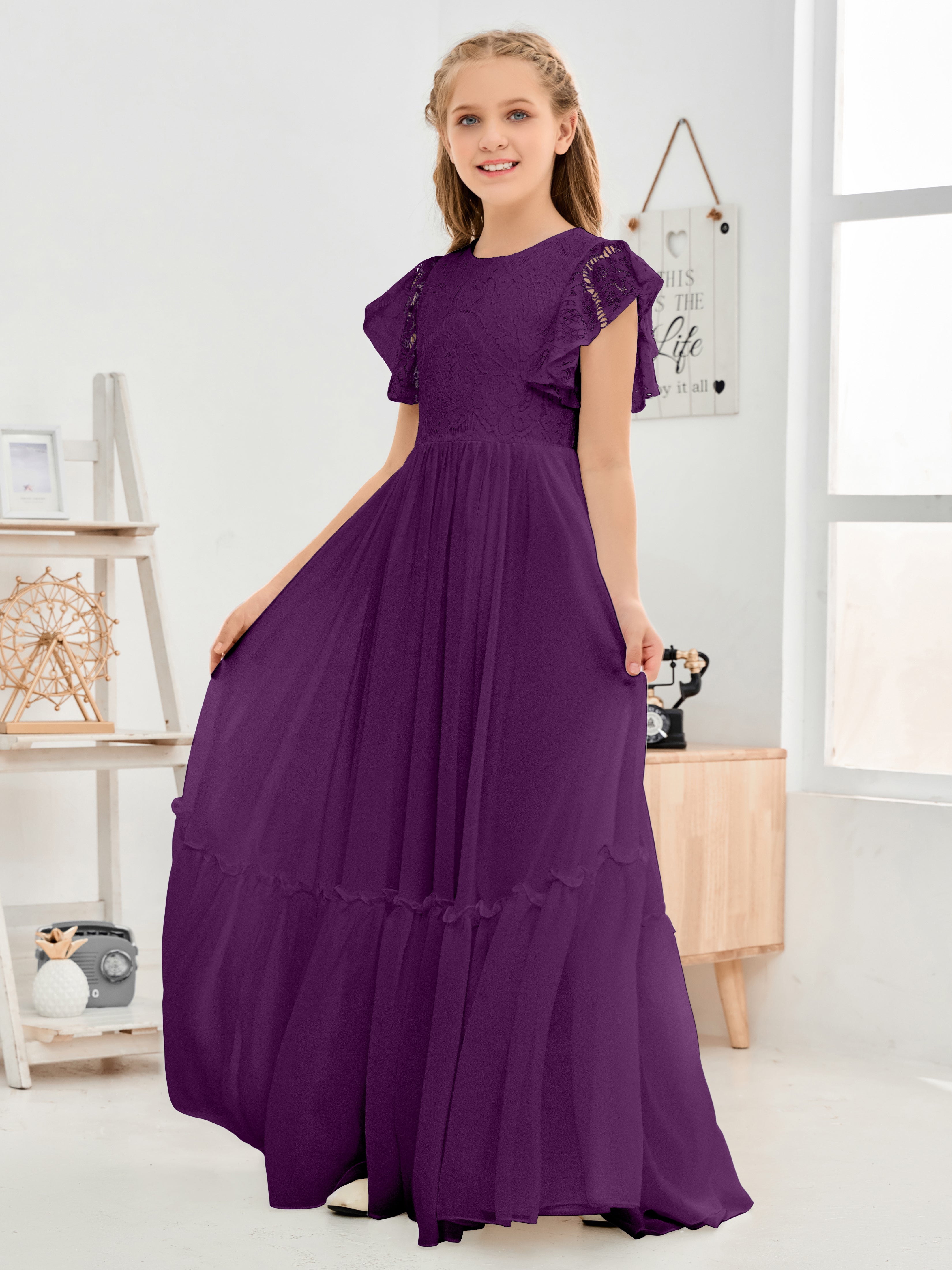 Cap Sleeves A Line Lace Top Junior Chiffon Bridesmaid Dress