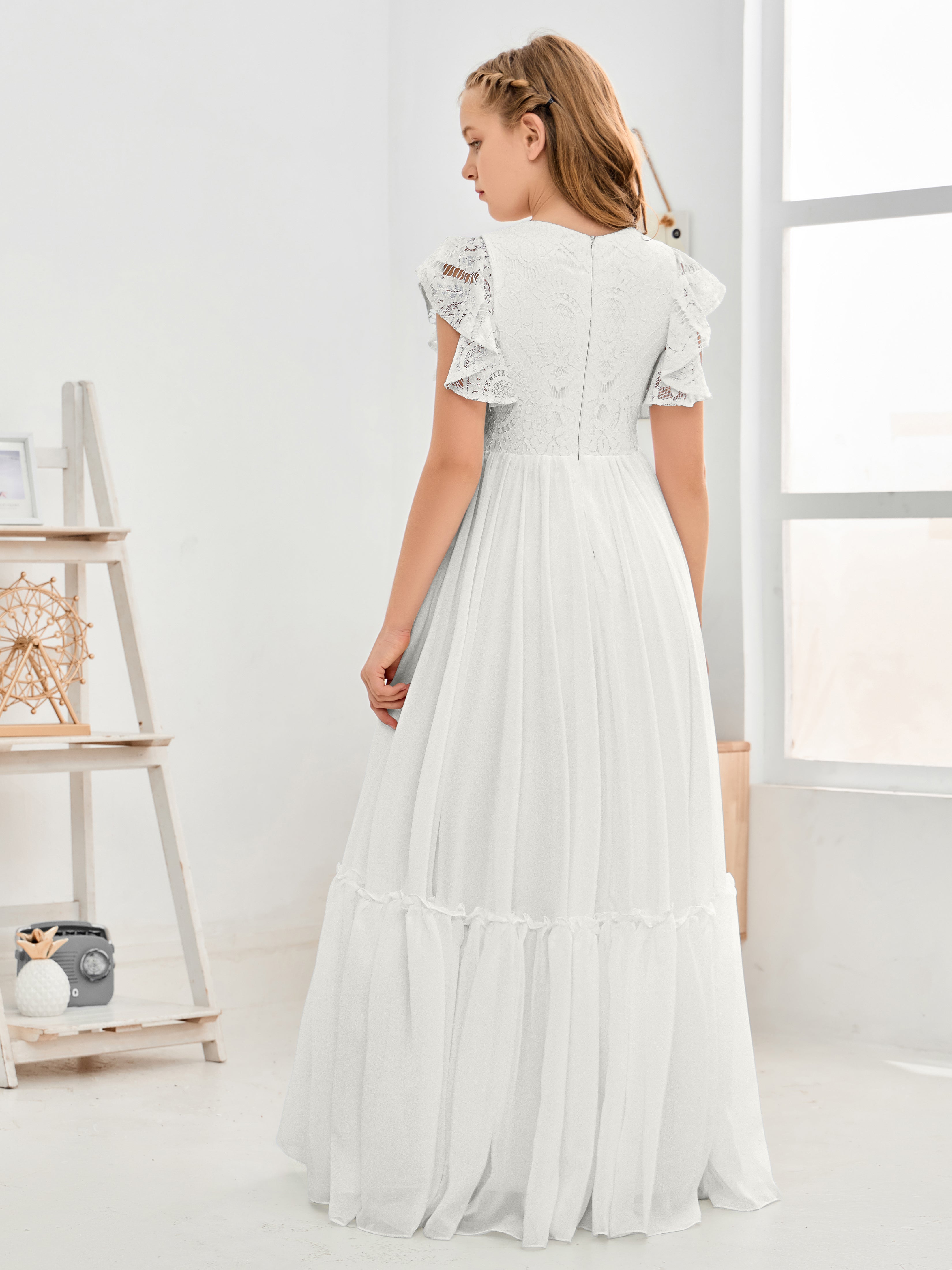 Cap Sleeves A Line Lace Top Junior Chiffon Bridesmaid Dress